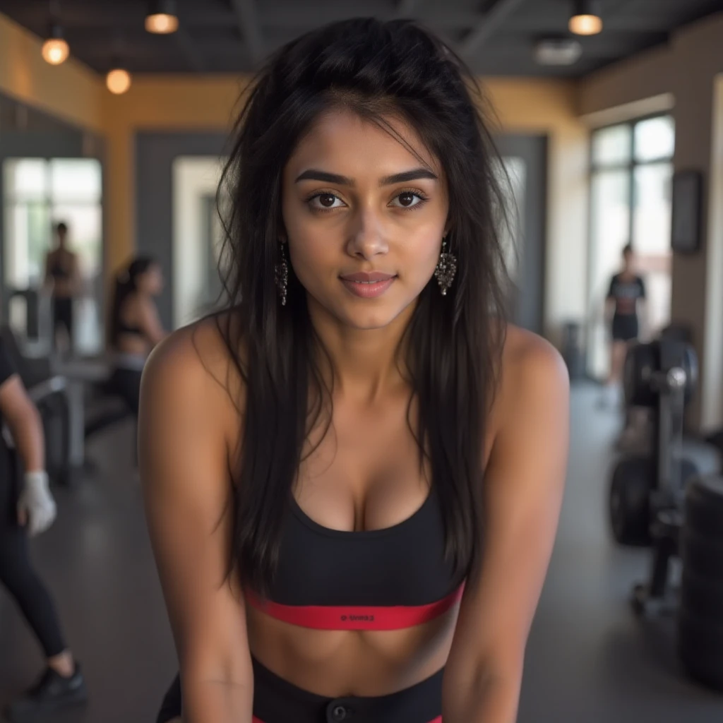 highres,realistic,ultra detailed,photo of beautiful,labanese,girl,20 years old,big eyes,long eyelashes,sharp beautiful nose, black hair pony tail,natural makeup,in colourful gymsuit, hyper realistic, full photo, warm smile