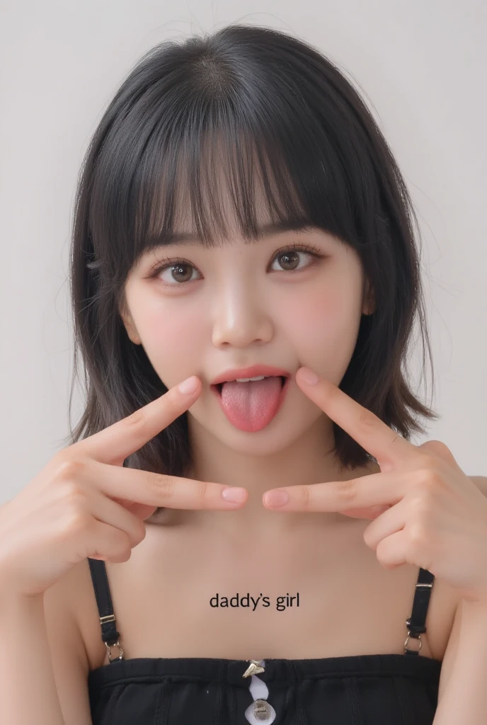 Sticking out pink wet tongue、Glossy red lip gloss