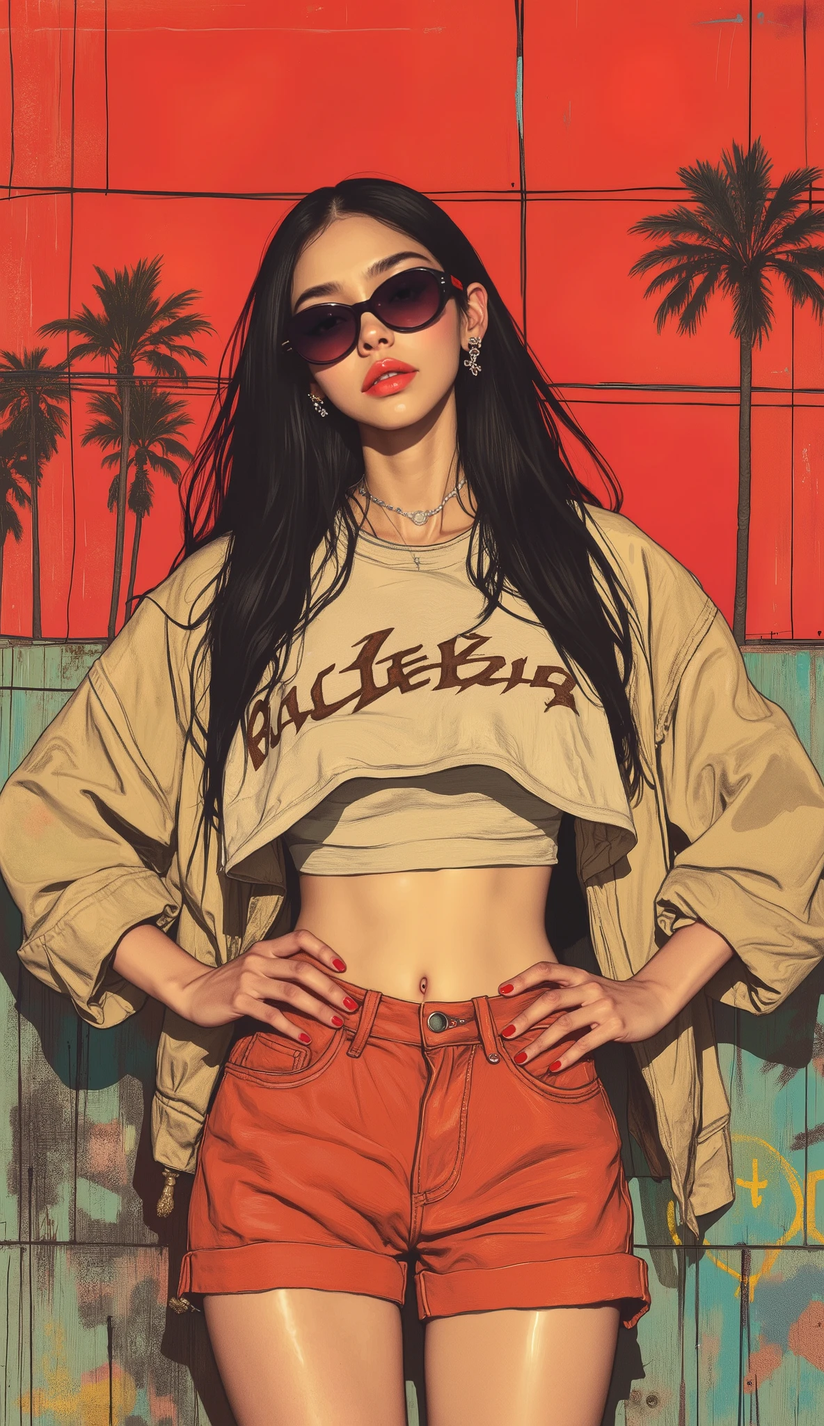 Flat Illustration artwork, ((young 24 year old Maggie cheung)) in a oversized crop top and shorts in a fashion pose in front of simple background, up close red lips, wear dark sunglasses, korean pop-star, big smile, black hair, pretty hands, fringe, simple red background, palm trees, (graffiti wall:1.2), ((Art style by Patrick Nagel)), ((8k, wallpaper, detailed)), strong, courageous, art by Patrick Nagel, splash artwork poster