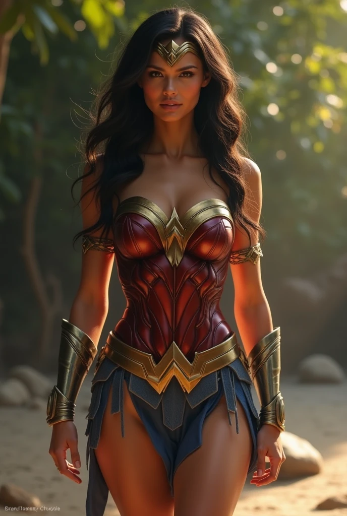 Adriana Lima under the mantle of the Amazon warrior Wonder Woman long black hair Dreadlocks Diaema Wonder Woman on her forehead red corset suit and light blue Legis red boots (((Light blue leggings with red stars corset)))