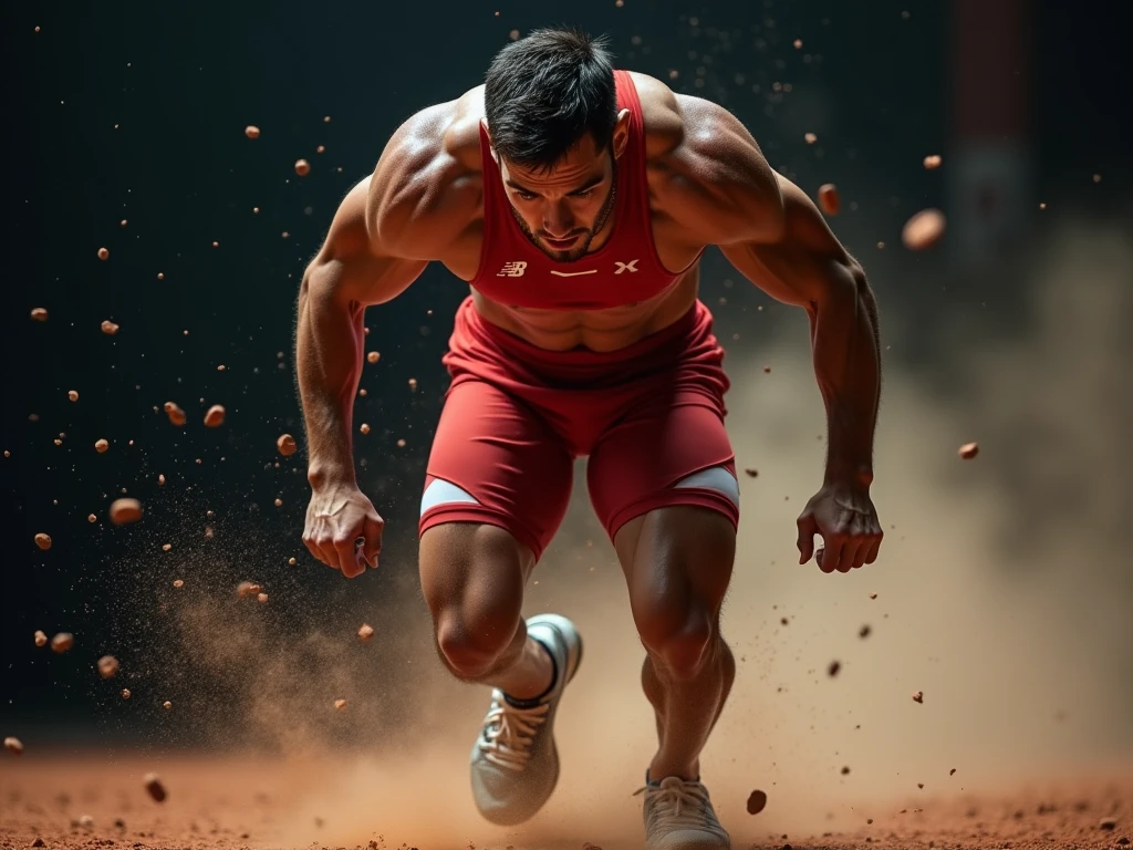 photo of a man, participating in the olympic games, action shot, sweaty, exhausted, muscular, spot light, realistic, best quality, detailed background, depth of field, intricate details