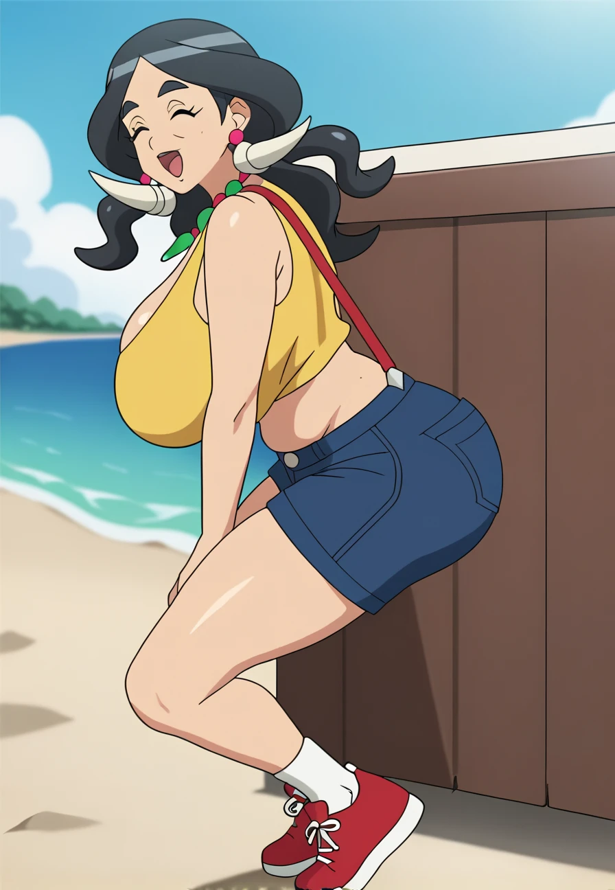 (perfect body),highest quality,16k、Masseter muscle part、((NSFW))、((blush))、((((embarrassing))))、:d、(muscular)、Treefe○lumes、short hair、bob cut、(yellow eyes),((black hair))、blunt bangs、police hat、((Sweat))、(big ass)、huge breasts、((thick thighs))、Brown belt、(Navy blue bikini)、white knee socks、(In town)、Left hand on hip、Right hand salute、