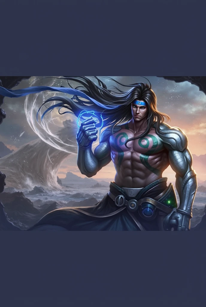 a male with blue headband fabric, Best quality, masterpiece, detailed skin texture, detailed clothes texture, detailed face, super detailed, 8k, intricate detail, The color doesn't change, Muscle guy, 1 male, angry, sharp eyes, blue eyes, rain background.