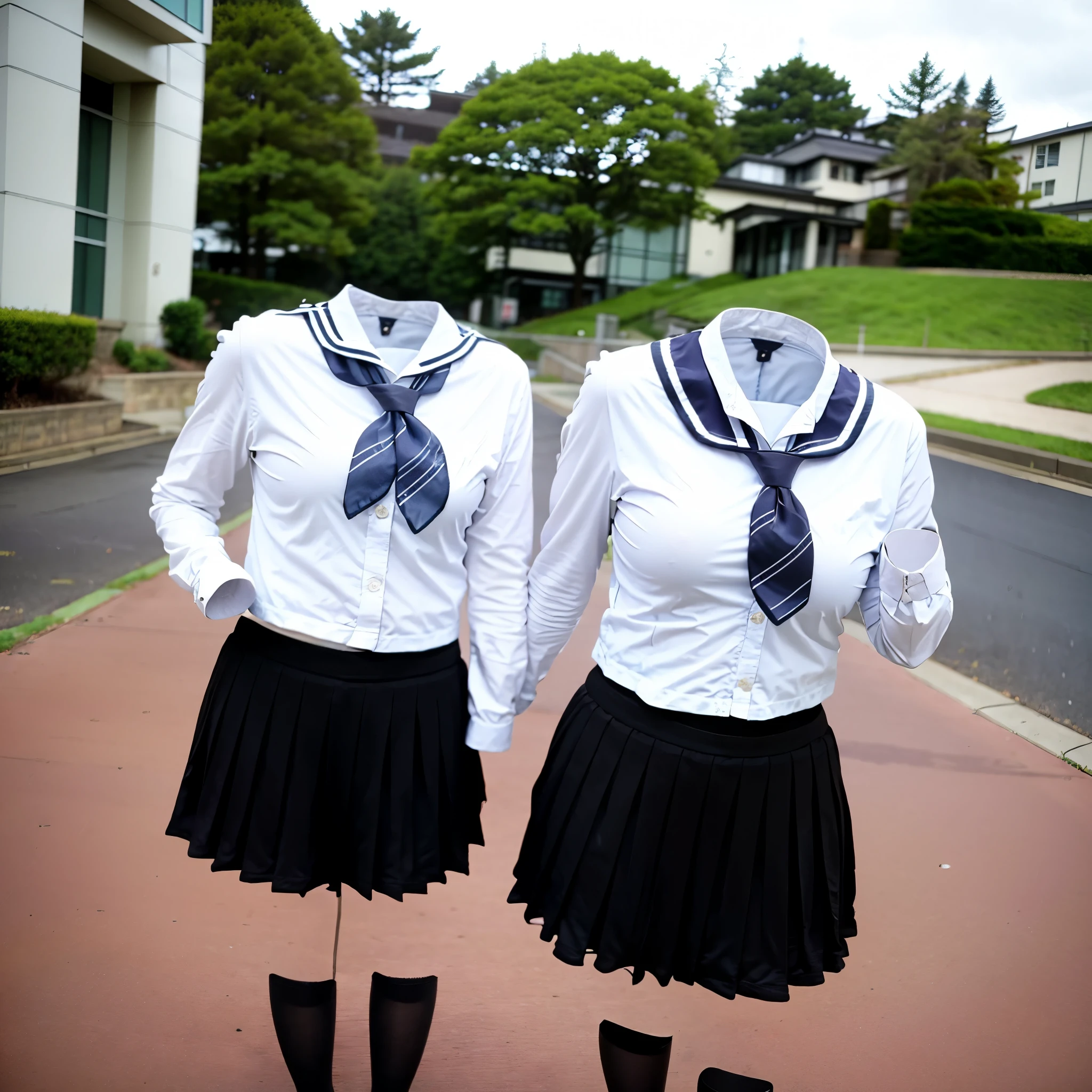 school clothes, stripe tie, plaid skirt, cardigan, chubby, fat, black tights, (invisible, no humans, headless, faceless:1.5), cute big breasts, (8k, RAW photo, best quality, masterpiece:1.2), (realistic, photo-realistic:1.37), photon mapping, radiosity, ((Hasselblad photography)), physically-based rendering, detailed cloth texture, 1girl, chitanda eru, school uniform, white shirt, white socks, pleated skirt, bangs, black sailor collar, neckerchief, black skirt, long sleeves