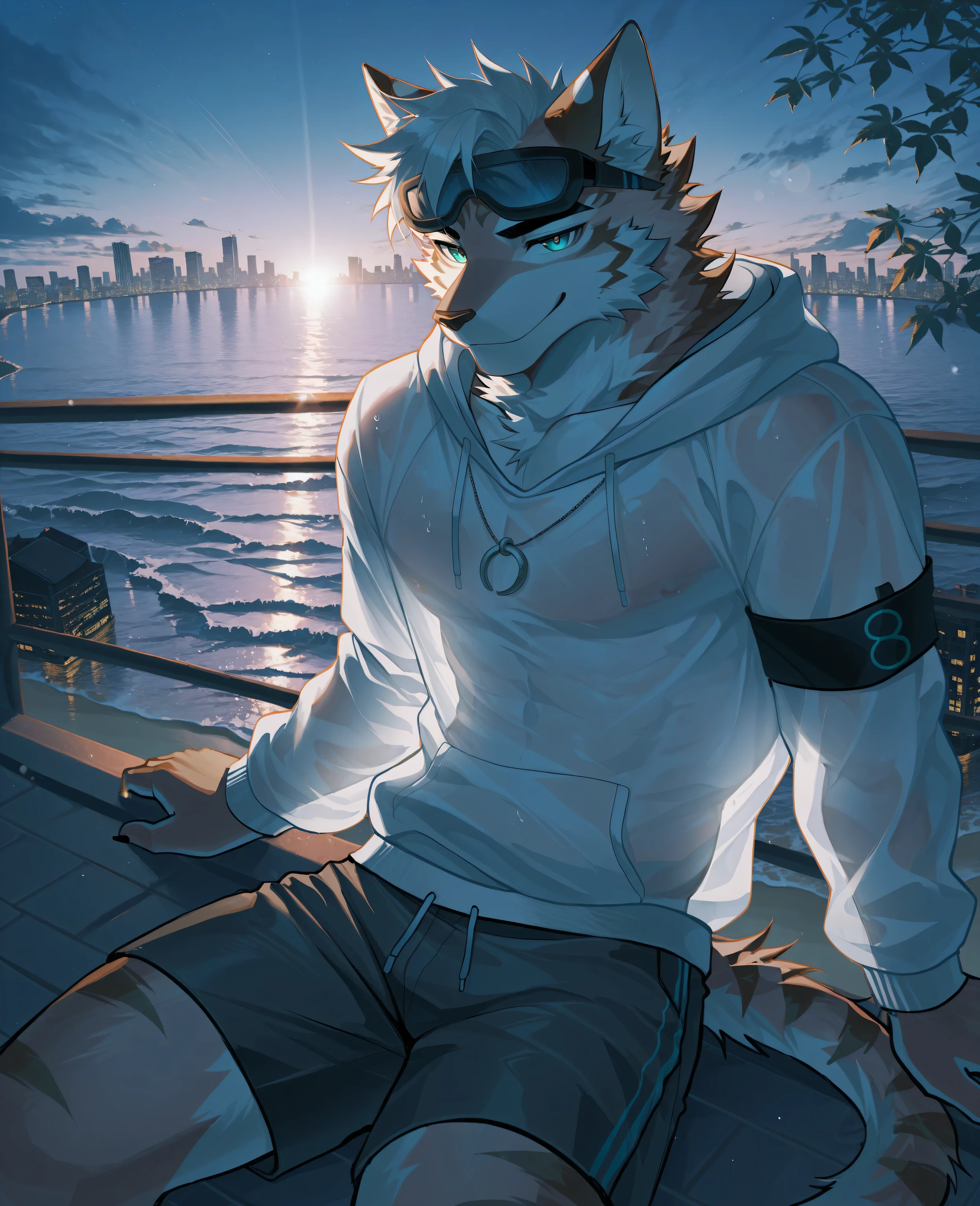 sfw,masterpiece,UHD,solo,highres,best quality,anatomically correct,furry male,male_focus,(Maine coon),collarbone,(white fur:1.5,white hair),short hair,black eyebrow,snout,(detailed eyes,teal_blue eyes,detailed pupils,beautiful eyes),snout,animal ears,cat ears,absurdres,shapely,handsome,Maine_cat tail,cowboy_shot,(slender muscle:0.3),(white hoodie on head,necklace,black armband,transparent grey shorts,transparent clothes,see-through_silhouette,),(5 fingers:1.1),(skinny:0.7),(peaceful face,seductive smile),cool pose,sitting on roof,leaning back,(on roof,buildings,in city,skyline,rainy,leaves in wind,),ray tracing,looking_at_viewer,from_side:1.3,(dim light,ambient light:1.2),bokeh,detailed background,Tyndall effect,(beach scenery),((beautiful detailed water)),break,(wolftapioca:0.3,chung0u0,(by zwm:0.6),(lindong:0.8),(by null-ghost:0.8),huashijw,(asteroid_ill:0.8),(smile \(qd4nsvik\):0.9)),cg,highres,sfw
