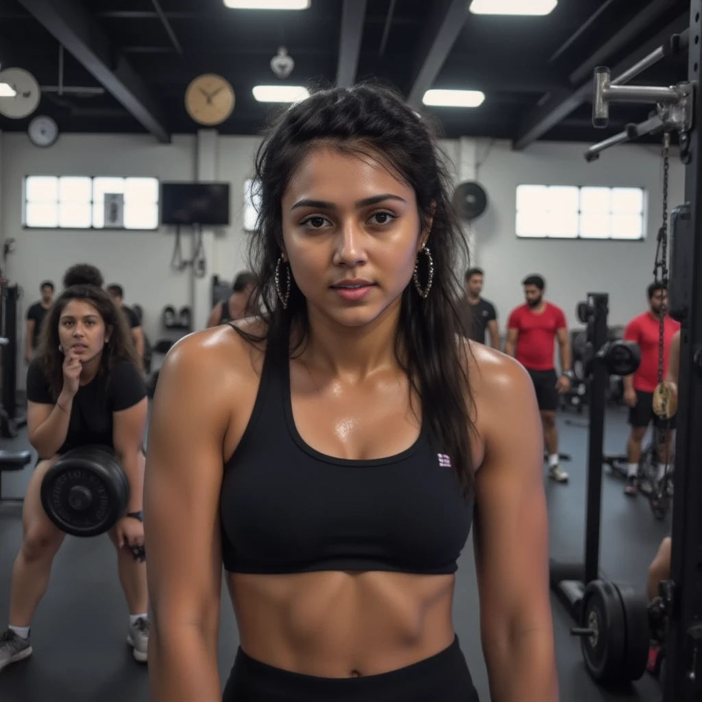 (masterpiece, best quality:1.2), 1girl, solo, anu, original face, wearing gym outfit, sports bra and mini shorts, showing her deep cleavage and tits, nsfw, with a bust size of 36, waist size 30, hip size 34, wearing hijab, looking at the viewer, with a background of a gym interior, ultra realistic, UHD, 8K