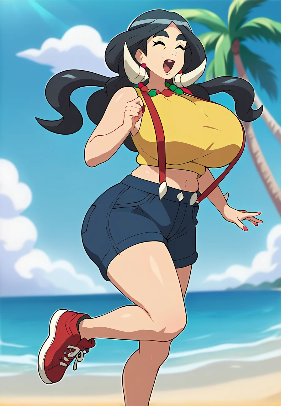 1girl,chubby, thick, beach, Ty lee, adult, happy, peace sign, smiling, big breasts. chubby belly, wide hips, thick thighs. fire nation clothes.