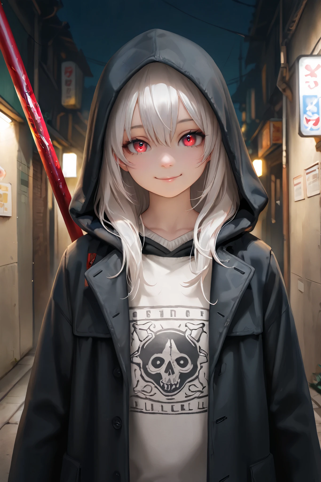 masterpiece, best quality, detailed eyes, semi realistic, 8k, girl, cute, small, sister, pure, young face, oversized black hood coat, black jean, white sweater, short long white gray hair, red eye, midnight city, solo character. looking at viewer, wearing hoodle, holding short battle pole, emotionless, night time, narrow alley background, upper body, smile