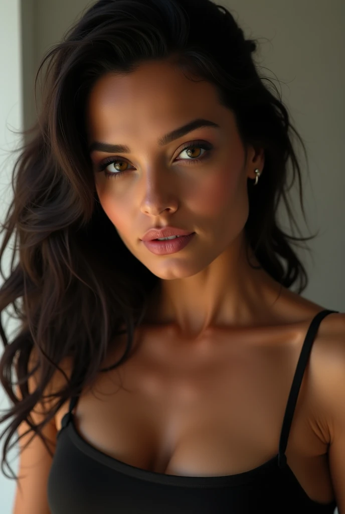 ((best quality, high resolution), (half body:1.2), professional, photographer, woman), (makeup), (perfect lighting), (frontal image), (bright colors), half-length photograph of a muscular, big-breasted woman posing with oily skin looking directly at the camera.