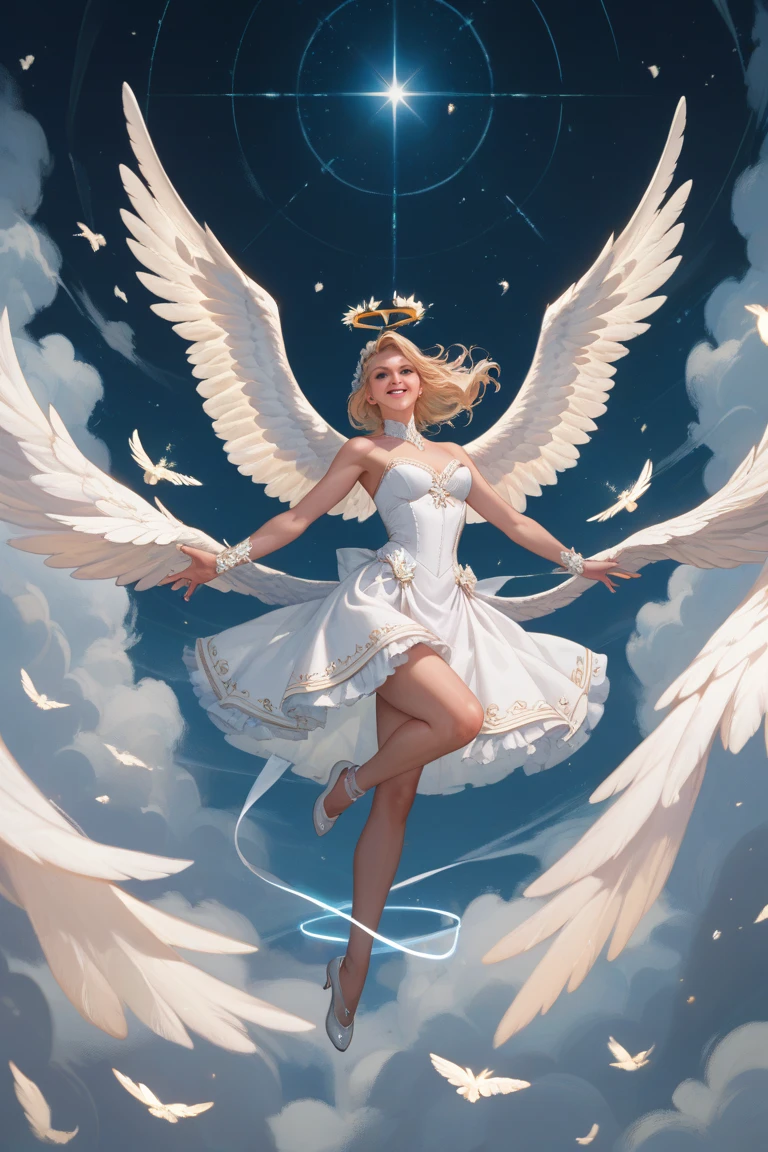 score_9, score_8_up, score_7_up, source_anime, detailed, 8k, cinematic angle, rating safe, from back, wide shot, A white winged angel is flying and look down, aureole, halo, perfect face,