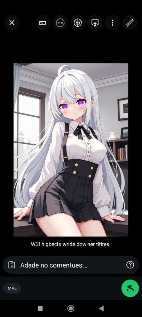 1girl, solo, Fujido Oriko, In a restaurant, minigiantess, blue eyes blue skirt, blunt bangs, breasts, cowboy shot, drill hair, fang, large breasts, long hair, looking at viewer, looking back, open mouth, pantyhose, pleated skirt, shirt, short sleeves, skirt, sitting, white hair, white shirt, sitting on too small chair, chair straining to hold girl