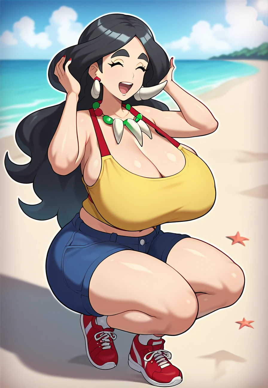 Ralph Bakshi Style, blue eyed pawg with long wavy black hair, (hanging breasts), laying on sun lounger, (extreme nsfw):3.0, (pubic_stubble):4.0, nudity, tropical island night, swollen vagina