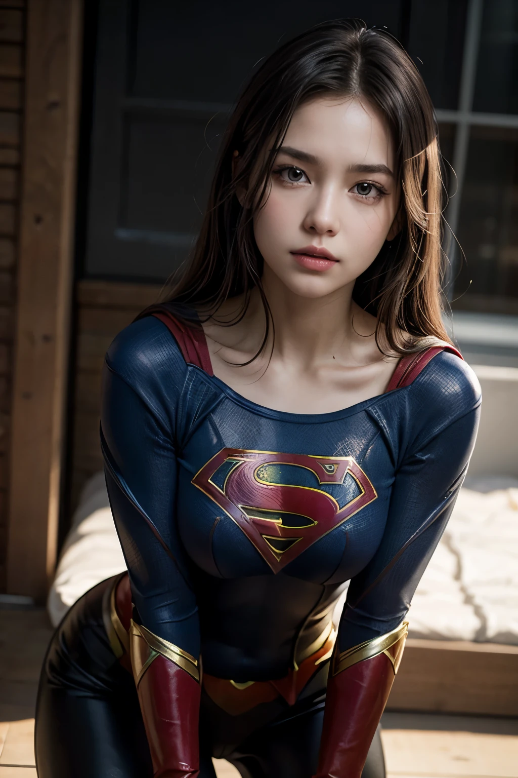masterpiece、supergirl costume、short hair、barefoot、big and full breasts、torture、Crisis situation、prison、in a cage、insult、kneel down、sweaty、shiny、looking at camera、Seduce、choker、long sleeve、red sexy pose、POW camps、humiliating