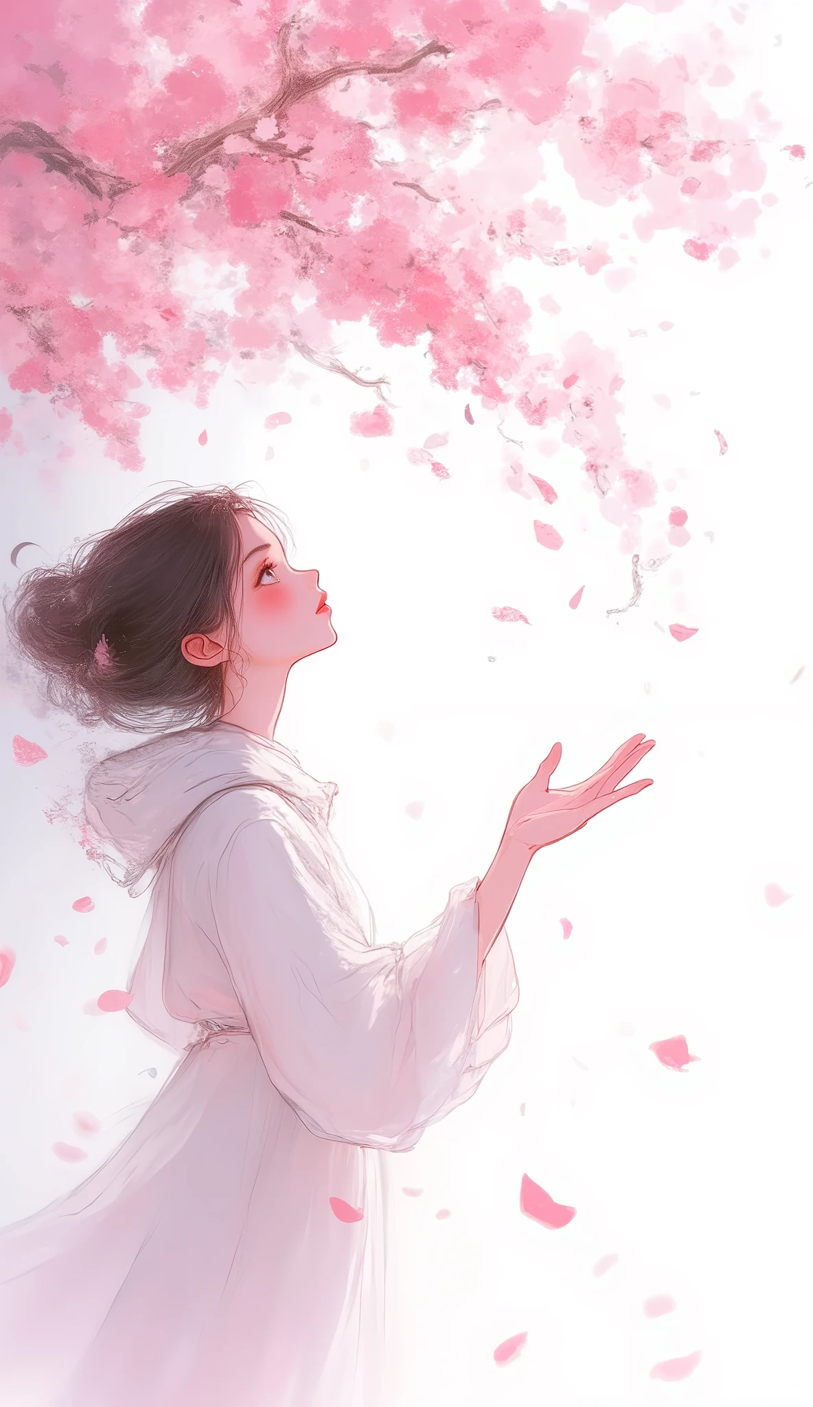 (masterpiece:1.2, high quality ,Mirror Finish , Movie Experience , best illustrations :2.0, very detailed ),8k,16k, illustration,vector art,(has a white background),A young woman is reaching out to the cherry blossoms in a space where cherry blossoms are dancing,(up your upper body:2.0)