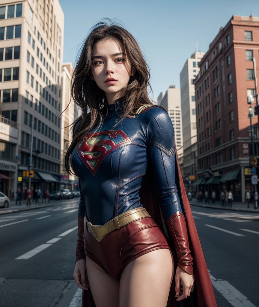 (Photorealistic:1.37), Highest Quality, masutepiece, high resolution, (Healthy skin tone), BREAK, Solo, Cinematic, fighting poses, (She wears DC's Supergirl costume suit:1.2), S mark on chest, Red short skirt, Long Red Cloak, A fearless smile appears on her beautiful face, Elegant, Light brown short hair, Beautiful body like a supple athlete, Very sparkly oily skin, Large breasts, Big hips, plein air, Skyscraper Area, BREAK, Highly detailed beautiful eyes and face, Detailed fabric texture, Insanely detailed realistic skin texture, (Correct body balance), Top-quality lighting that doesn't darken your face when backlit