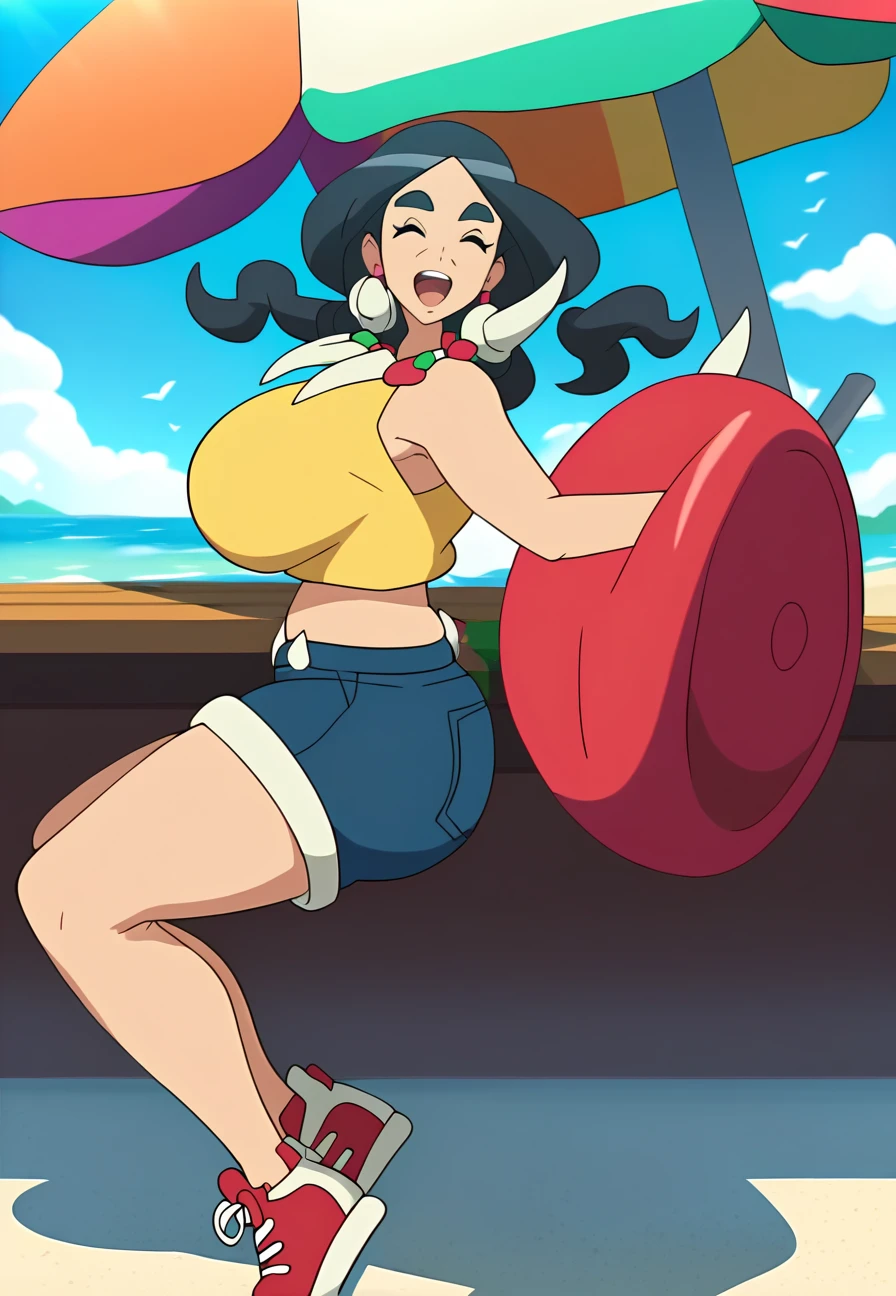 score_9, score_8_up, score_7_up, score_6_up, score_5_up, score_4_up, Drasna, closed eyes, black hair, tribal horns, mature female, tooth_necklace, tooth_bracelet, thick eyebrows, 1girl, closed mouth, solo, smile, large breasts, sagging breasts, outdoors, beach, ocean, brown bikini,  beach umbrella, lying on beach towel, on stomach, ass, from above