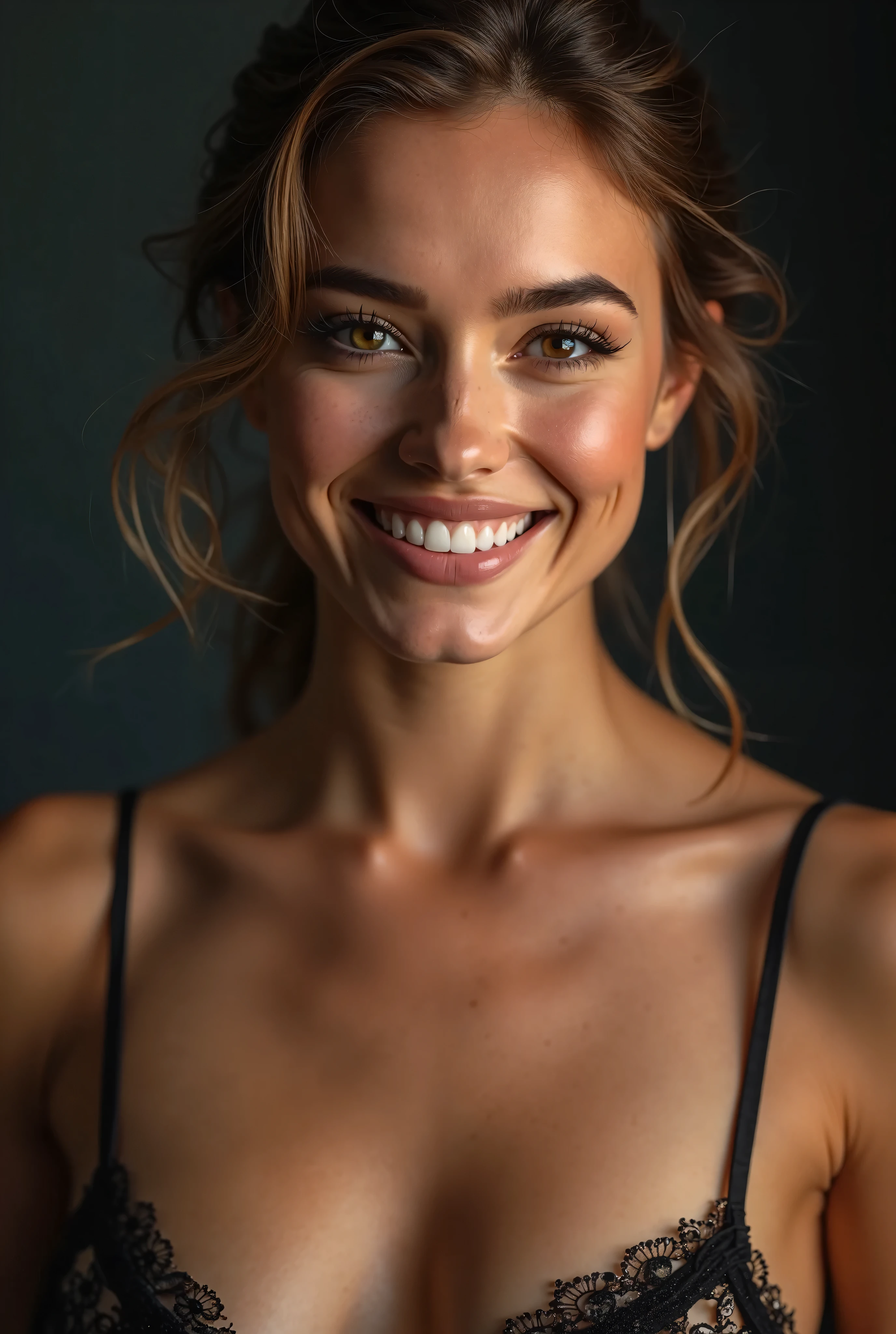 photo brute, visage de face portrait photo d&#39;a beautiful 26 year old.oh woman, visage mignon, wearing a black dress, happy face, harsh shadows, Cinematographic shooting, bright lighting 