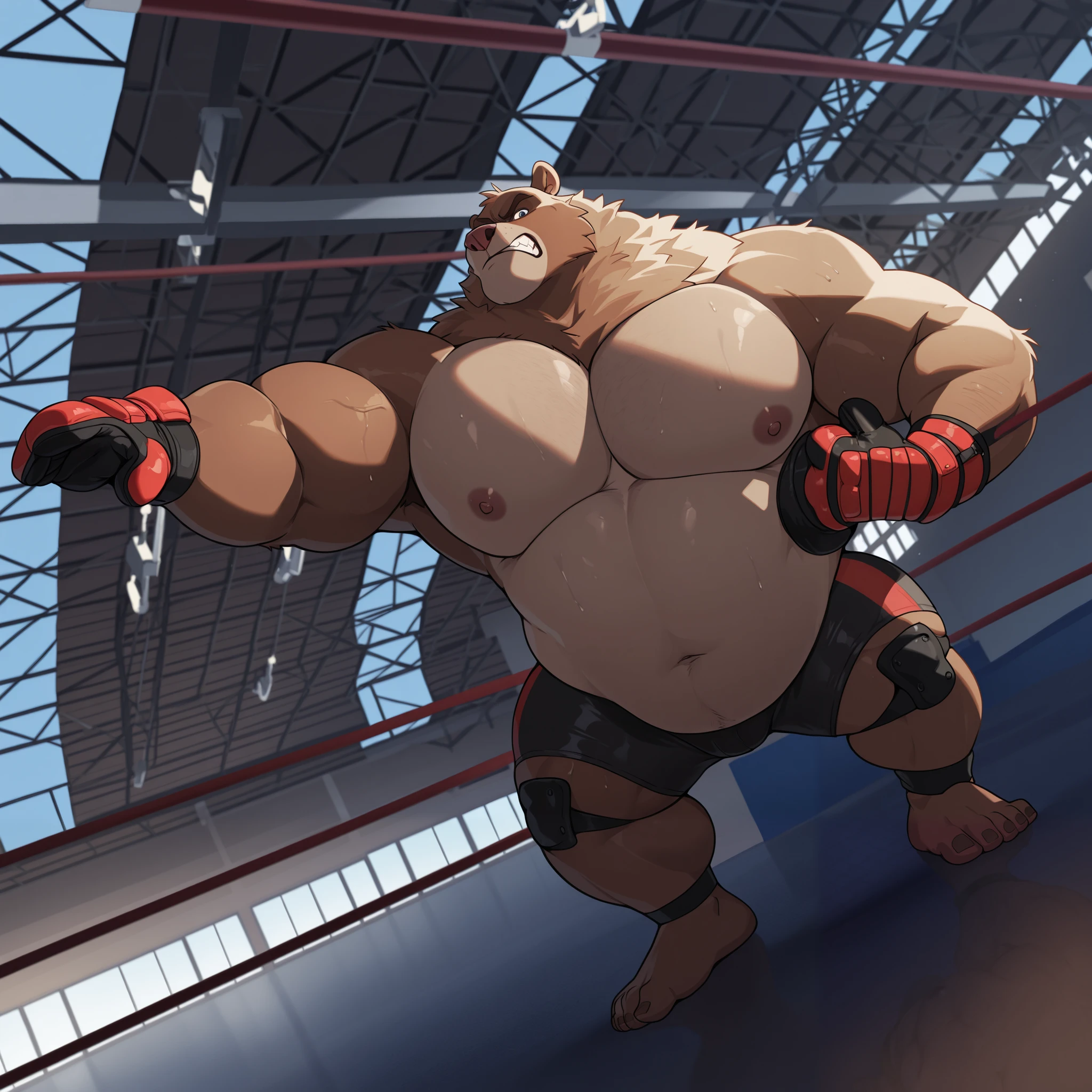 Solo, 1boy, Muscular Old, angry, focus, look at viewer, wide shoulder, pectoral, thick arms, huge pectoral, wide pectoral, height: 220cm, weight: 440lbs, a Kodiak brown bear in a black MMA shorts with red stripes and slits, wearing an MMA gloves with red knuckle pads and an ankle support brace as he workouts in the gymnasium warehouse, Walt Disney 2D Zootopia Animation Art Style,