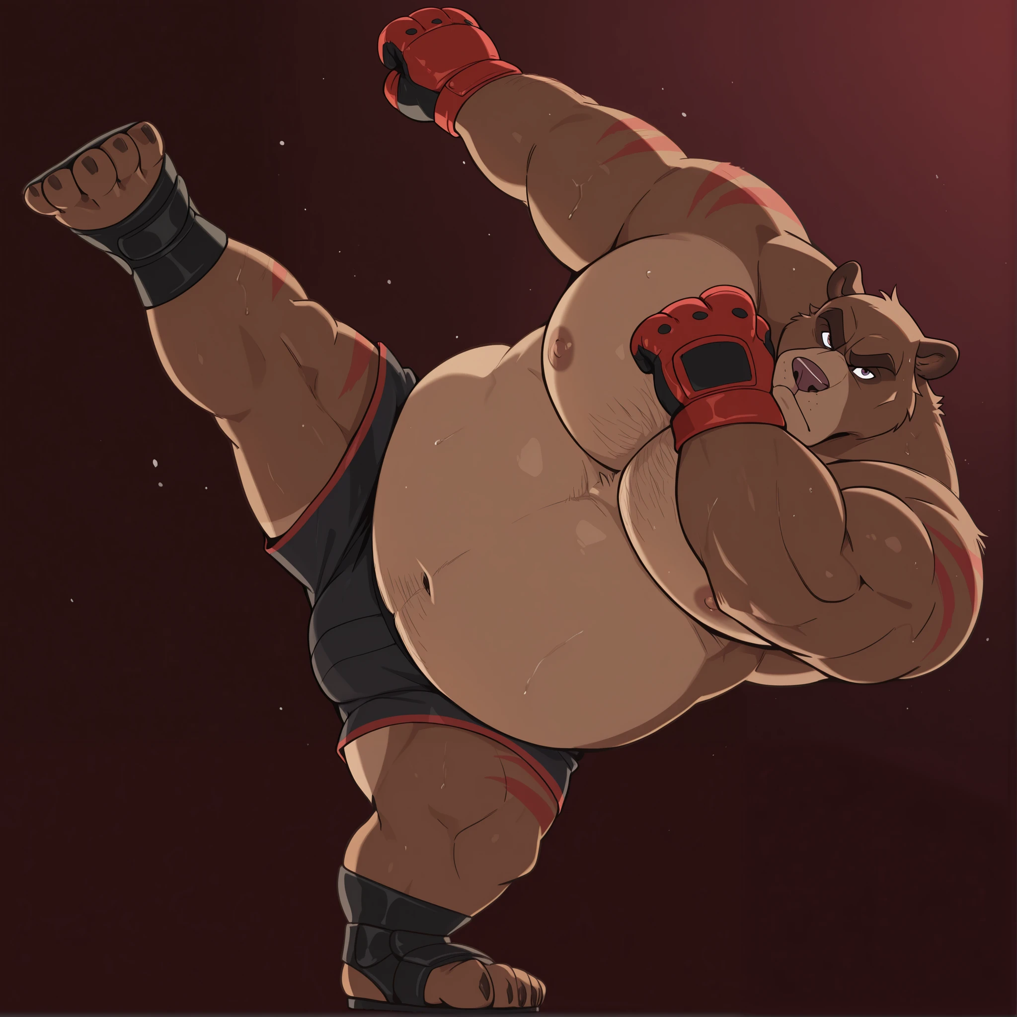 Solo, 1boy, Muscular Old, angry, focus, look at viewer, wide shoulder, pectoral, thick arms, huge pectoral, wide pectoral, height: 220cm, weight: 440lbs, a Kodiak brown bear in a black MMA shorts with red stripes and slits, wearing an MMA gloves with red knuckle pads and an ankle support brace as he workouts in the gymnasium warehouse, Walt Disney 2D Zootopia Animation Art Style,