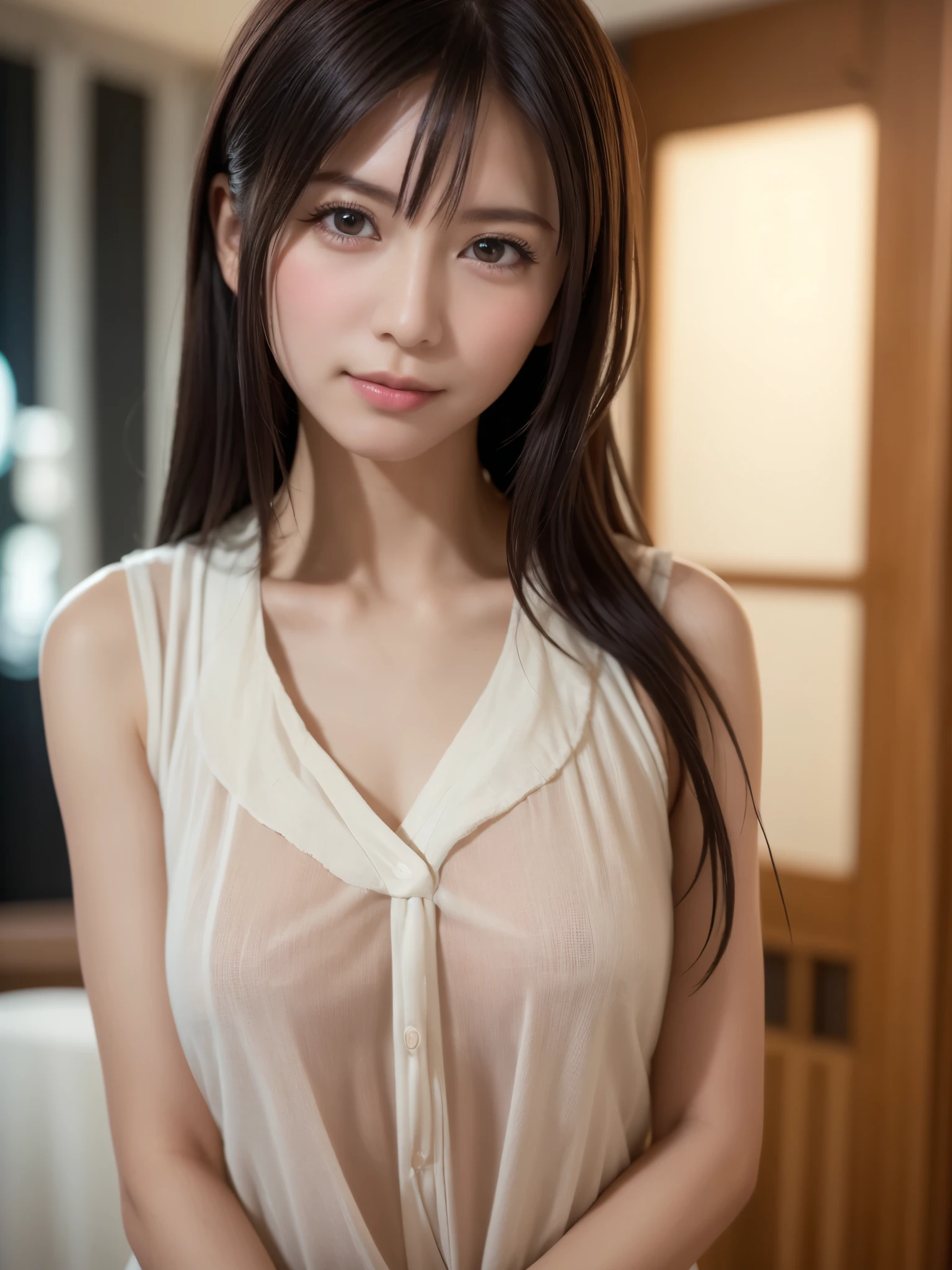 Top quality, 1 beautiful Japanese Actress, ,idol,long Hair, brown hair, smile, beautiful face,large dark eyes,real skin,A white shirt,Naked shoulders,A thin arm,Kyoto sightseeing