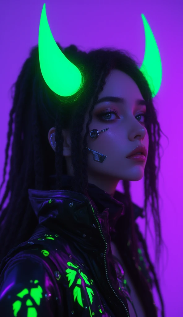 Catrina Day of the Dead but Cyberpunk Toxic Fluorescent Colors Purple Green Orange