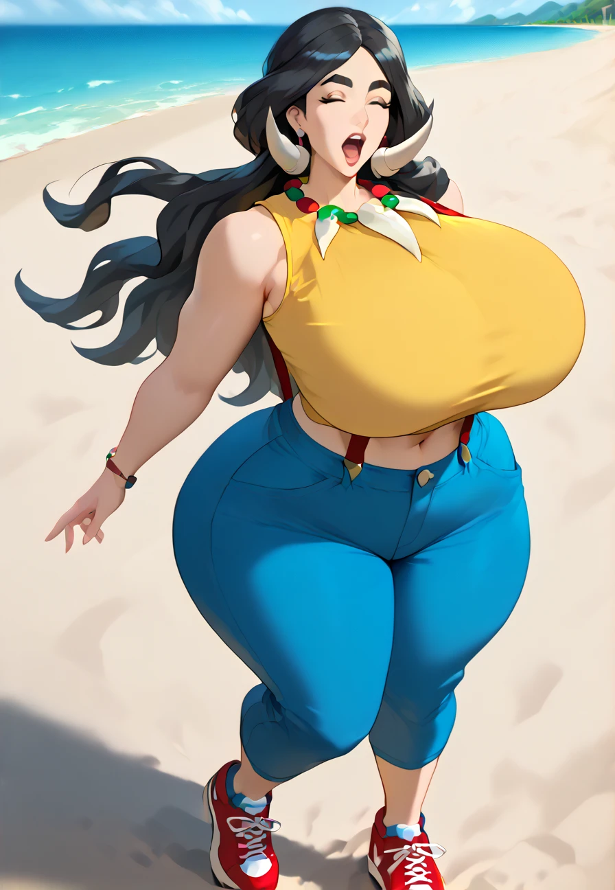 (work of art:1.2, best qualityer:1.2), soft ambient lighting, perfect lighting, 1 girl, standing alone, Chel, Bblack hair, long hair, rhombus stripe, eyes browns, darkskin, lipstick, breasts big, Broad Hips, top of the tube, neckleace, bared shoulders, emerald earrings, emerald bracelets, looking at the camera with a smug expression on his face, beach background, very large body, fat belly rolls, ssBBW, big breasts, sexy smile, fat arms, thunder thighs, super fat, BBW, looking at viewer