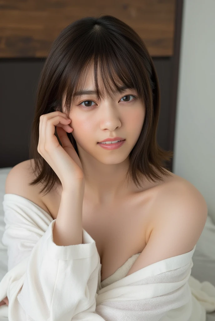 ((Extremely precise and accurate anatomy:1.0)), (photo Realistic:1.4), (hyper Realistic:1.4), (最高品質のRealisticな肌の質感:1.4), (Improvement of quality:1.4), (Enhances the beauty of skin texture:1.1), Clean and glowing skin, mesh, thin:1.2, (Realistic:1.3), Realisticなライティング, (Smoother lighting:1.05), (Improving the quality of cinema lighting:0.9), Backlight, A gentle light on your face, Ray Tracing, (Bright light:1.2), 32K, One Japanese woman, fine grain, Detailed face, (Film Grain:1.1),(Accentuates body lines:1.1), High resolution, Natural look, Kind eyes, Improves hair quality, Delicate light and shadow, Transparent muscles, Graceful pose, Beautiful Eyes, Sharp details, Soft light reflection, Beautiful contours, Delicate skin tone, Fine hair texture, Natural background, ,(((Downward))),((Spread your legs)),A loose-fitting camisole,barefoot,One Girl,Realistic,Bedroom、Looks sleepy