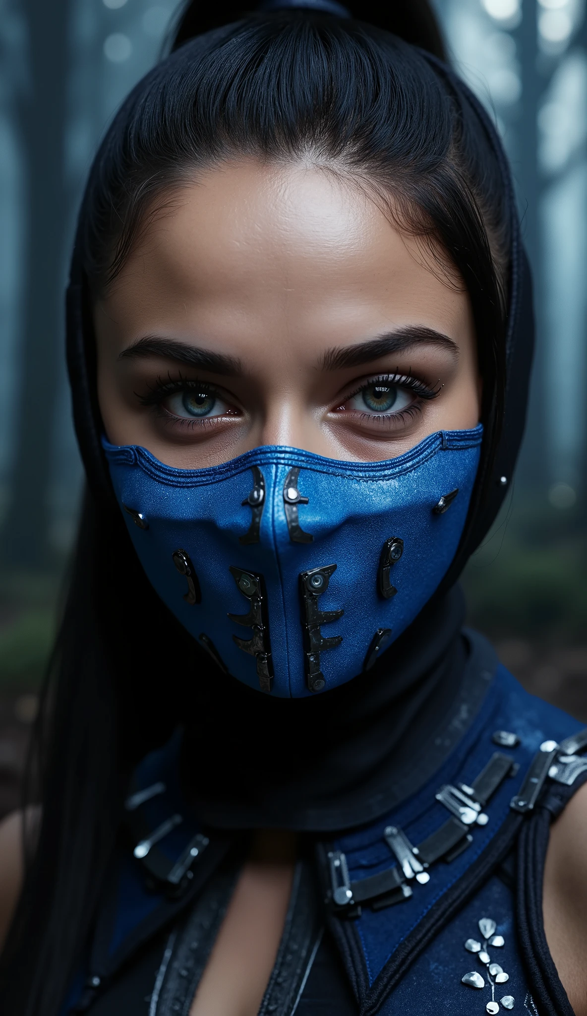 A hyper-realistic image of Gal Gadot's face as Kitana from Mortal Kombat. Her blue mask is detailed, with bright silver accents and realistic reflections. The skin texture is impeccable , showing pores and fine details. The background is a hyper-realistic and detailed setting of a dark and mysterious forest, with ancient trees and a dark and dramatic atmosphere. The lighting is dramatic , with a soft light source that highlights the beauty and strength of Kitana's face. Only Kitana's face is visible, filling most of the picture. 8k, ultra detailed, rendered in octane .