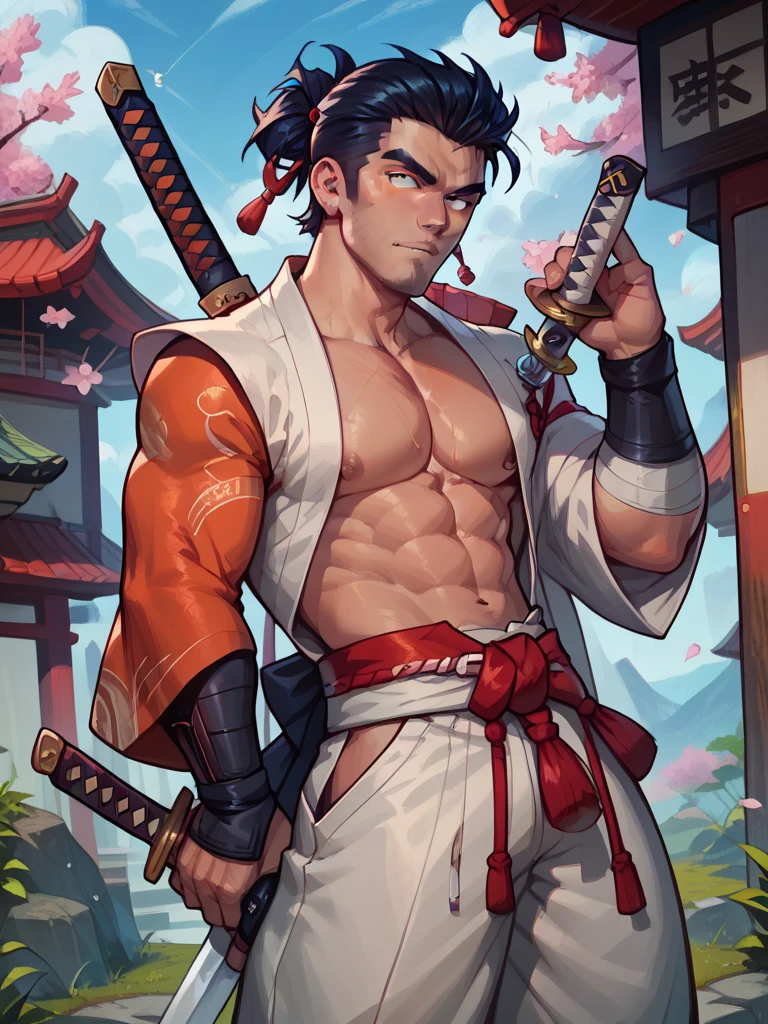 Mighty fighter, chest exposed, lower body unclothed from thighs to feet, adorned with a beaded beard, flowing long curls, detailed muscular physique, photorealistic depiction, 4K resolution. Background: Martial arts dojo,32k uhd, best quality, masterpiece, super detail, high details