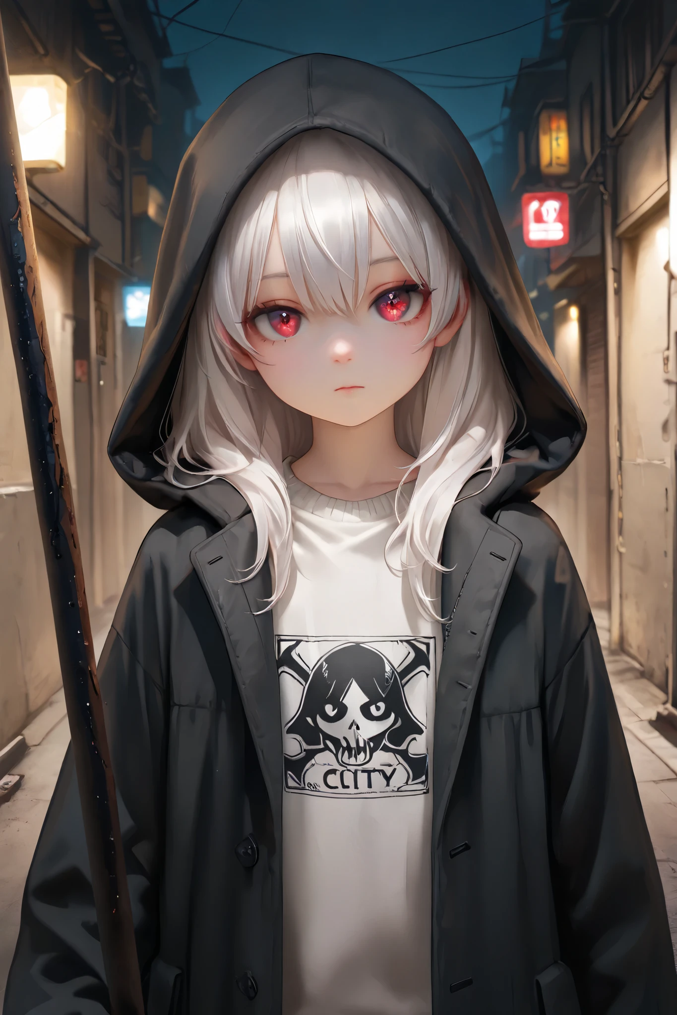 masterpiece, best quality, detailed eyes, semi realistic, 8k, girl, cute, small, sister, pure, young face, oversized black hood coat, black jean, white sweater, short long white gray hair, red eye, midnight city, solo character. looking at viewer, wearing hoodle, holding short battle pole, emotionless, night time, narrow alley background, upper body