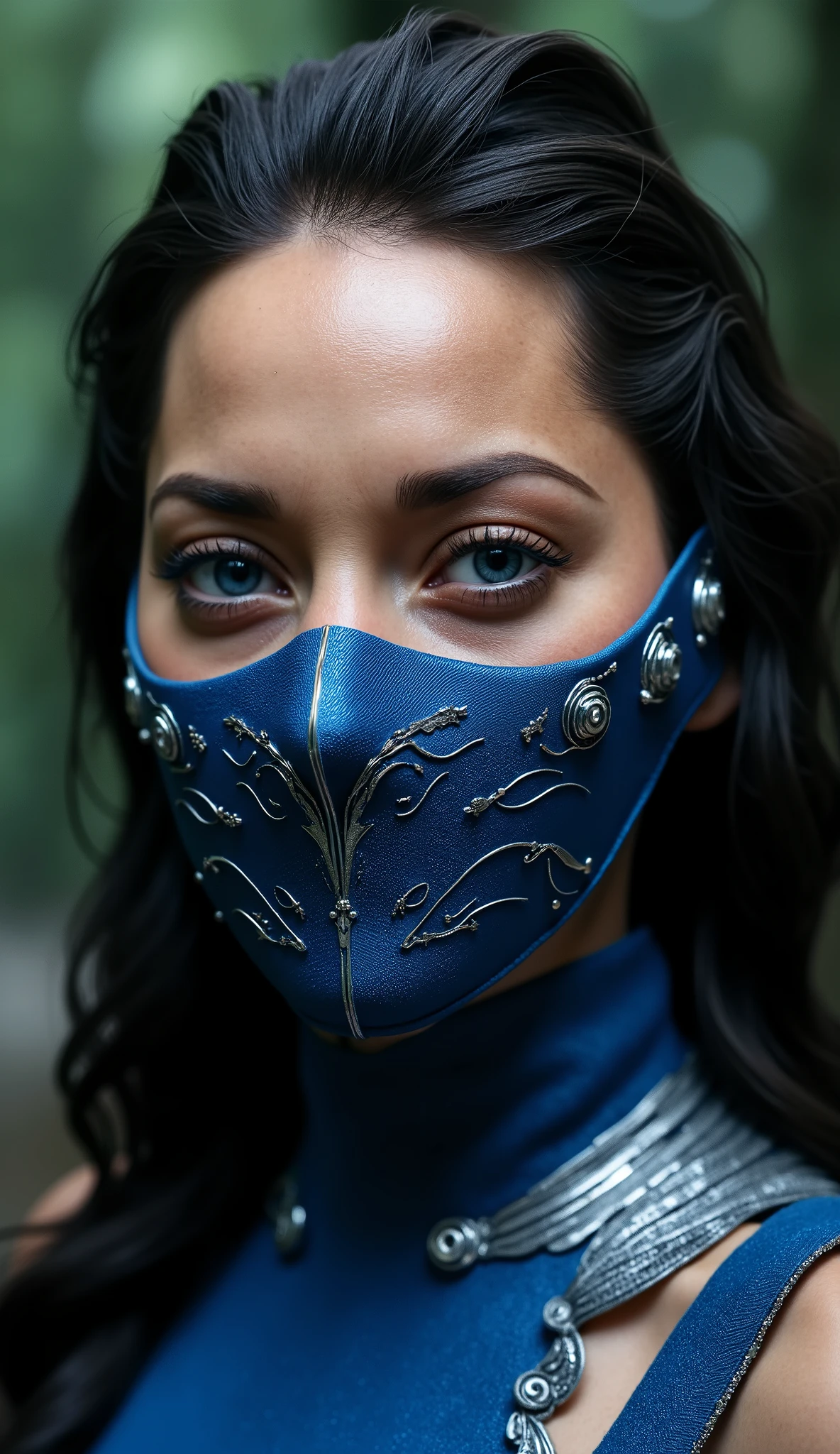 Hyper-realistic photographic style. Gal Gadot as Kitana . Close-up do rosto. Extremely realistic blue mask and silver details. flawless skin texture. Bottom: dense forest, Greg Rutkowski style . dramatic lighting. 8k.