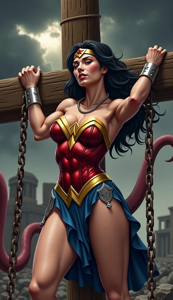 (((Mulher Maravilha algemada na academia de ballet))) ,((SUPERHEROINE WONDERWOMAN É UMA VELHA PROSTITUTA IMUNDA, prostitution)), ((emotional expression,expression of pain and despair, gritando de dor, Expression of suffering, olhos arregalados)),(Wonder Woman is squatting, pernas abertas para cima,sapatilhas de ballet, ON YOUR TOES), (((She is crying a lot, ela tem cabelo preto, ela tem cabelo longo))), ((She wears a thick metal necklace around her neck...)), (She is barefoot), (obra-prima, melhor qualidade) 1.5, 1 garota, sozinho, (sensual, mulher bonita, rosto perfeito, olhos perfeitos), corpo inteiro. ((She's wearing white lace panties)), tears running down your face)), ((Mulher Maravilha em cativeiro amarrado ,arms tied behind the back, em seguida, using some fixation method, like a rope or chain that runs from the wrists to an attachment point above, their arms are raised behind them until the person is forced to bend forward)), ((emotional expression,expression of pain and despair, gritando de dor, Expression of suffering, olhos arregalados, expression of fear, corpo se contorcendo de dor))