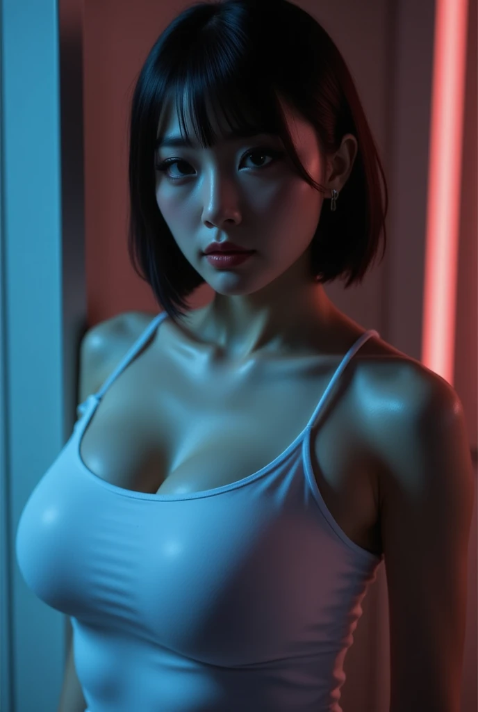 As a Yael Shelbia, realistic photography, photorealistic, realism, contrast, photography, masterpiece, Final fantasy's Like, ethereal beauty, ethereal, ultra realistic, 3d, 3d rendering, porcelain, Best quality, human anatomy, real hair, short hair, Asymmetrical Cut Hair, moving hair, huge breasts, human anatomy, posing for photo, translucent, (ethereal, Dream), formidable, 8k wallpaper, Realistic Textures Dramatic Lighting, Trending at Art Station Cinestill 800
