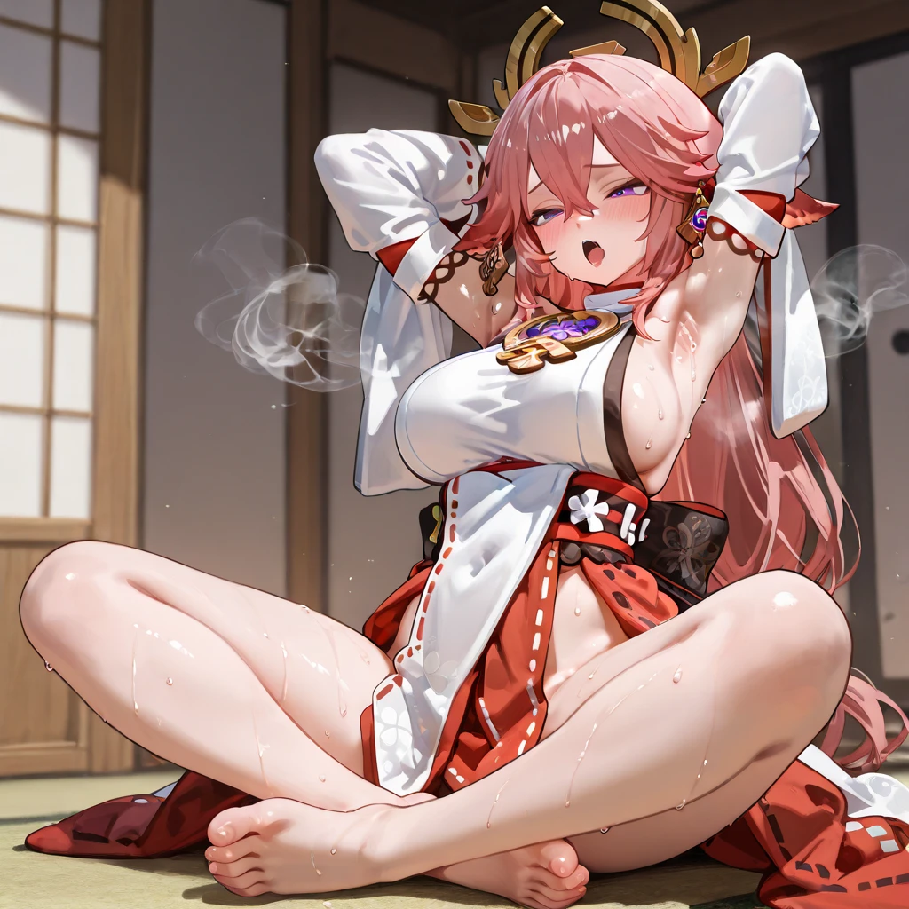 score_9, score_6_superior, sauce_anime, One girl, alone, Japanese Temples, Iris Base, Demon Horns, long hair gray hair,Completely naked, Hair Bell, heart, shimenawa, ,Spreading legs showing nipples and pussy