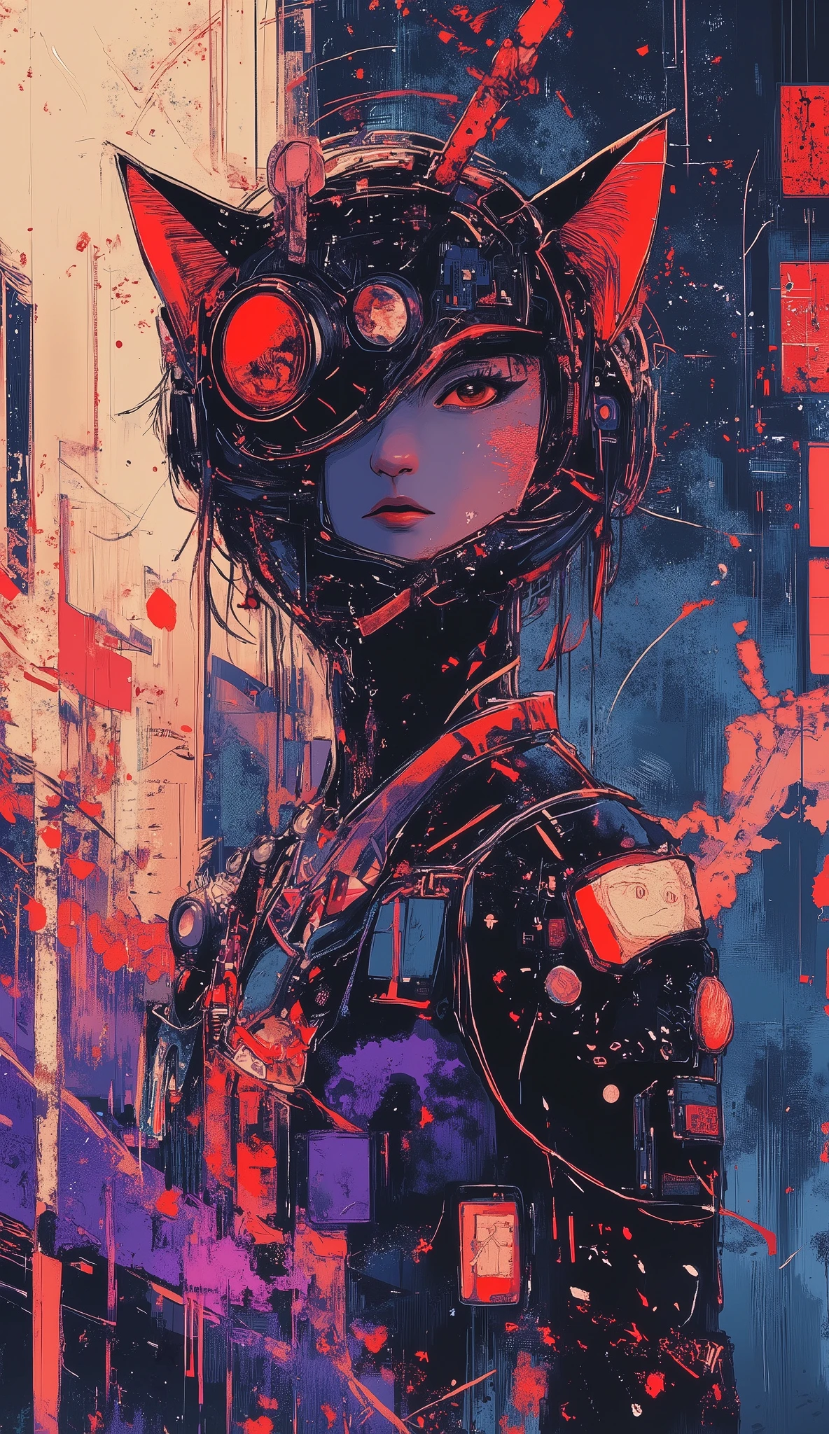 top-quality))、((masterpiece)、cyberpunked、young korean catgirl, revealing cyberpunk clothing, purples, blues, reds, (andy warhol), illustrated anime, retro style classic, no background, neon colorsplash background, glitter dust, ethereal, shiny skin,