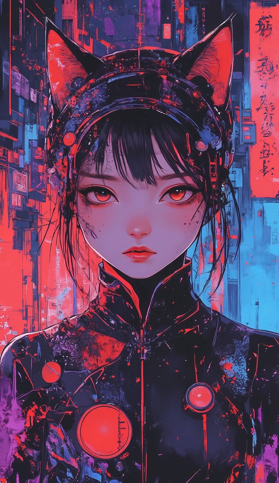 top-quality))、((masterpiece)、cyberpunked、young korean catgirl, revealing cyberpunk clothing, purples, blues, reds, (andy warhol), illustrated anime, retro style classic, no background, neon colorsplash background, glitter dust, ethereal, shiny skin,