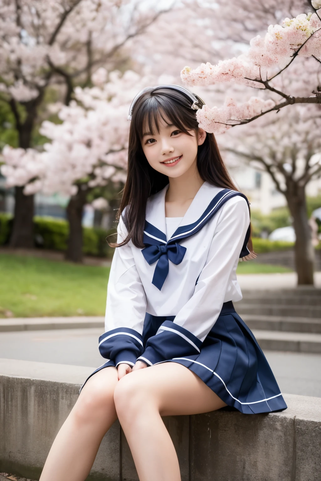 School girl in sailor suit sitting on slope of bank, Japanese, idol face, very high quality, reality, cherry blossom, semi-long, black hair, smiling, long sleeves, full body, Happy smiles and idle faces., short bob, Delicate girl, sophisticated