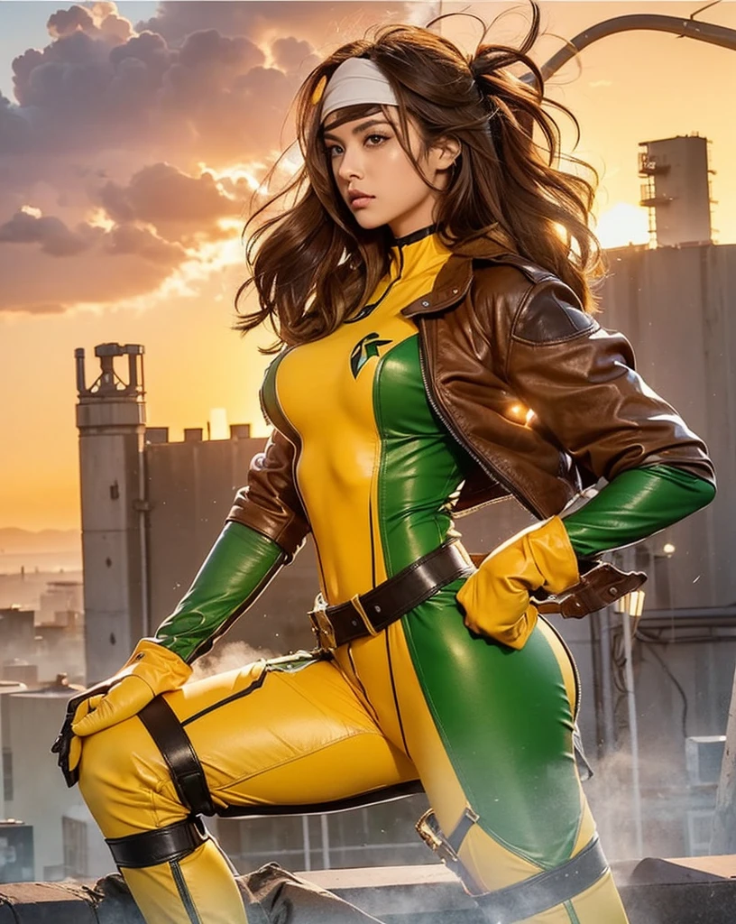Kat Denningasterpiece, High-quality 4K, Villain (X-Men), Gothic Girl, Sculpted body gothic makeup, Brown jacket, Yellow and green bodysuit, masterpiece, highest quality, Cowboy Shot, One girl, alone, Technology Military Bodysuit, fringe.