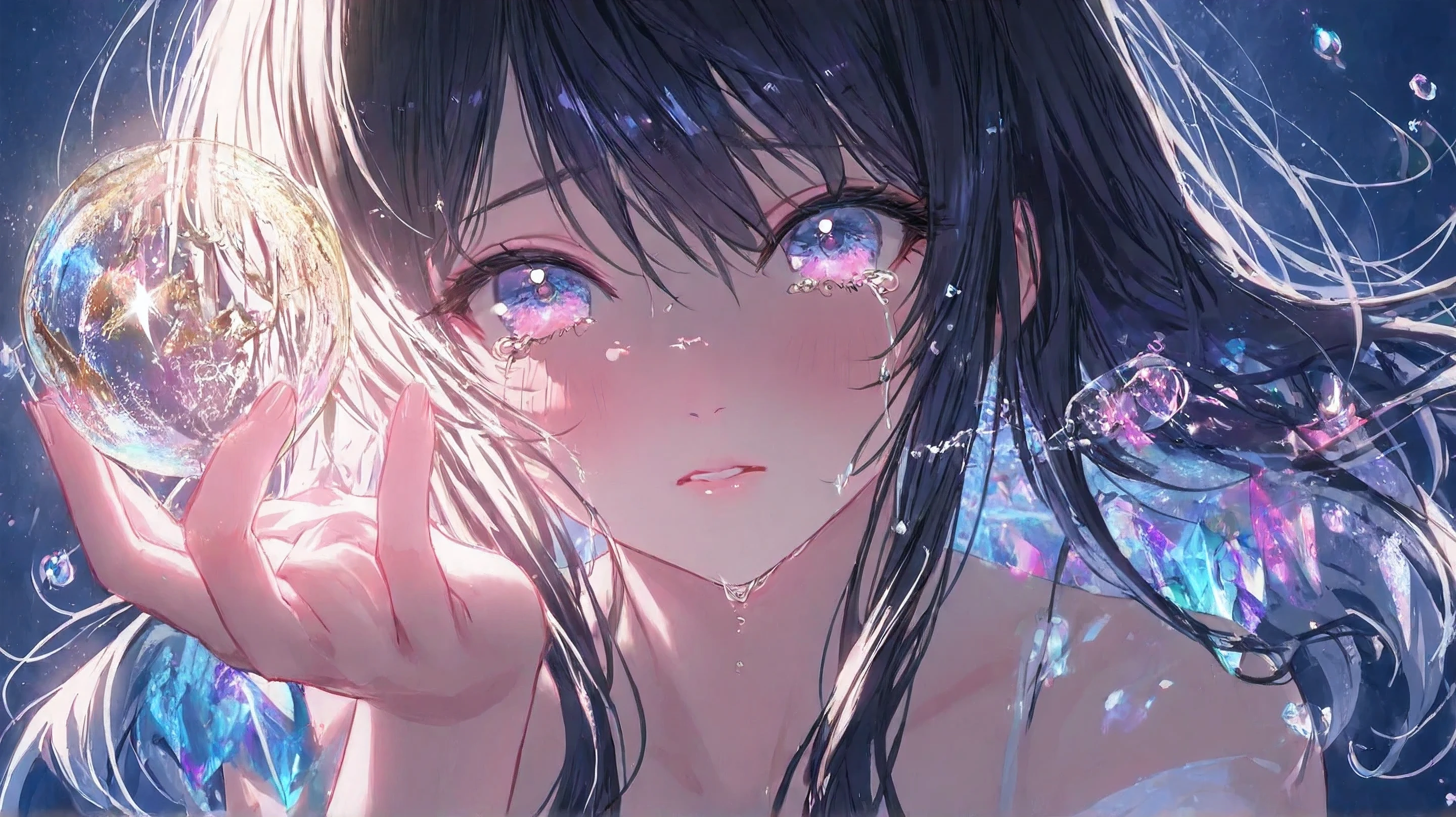 Moonlight shining on her hands in night light but leaving tears on girl's face,Exquisite facial features, Gentle Spirituality ,Kneeling on one knee,Slightly low head ,moonlight reflected on face,Moonlight streaking between hands,Crystal clear tears Smooth drop cheeks,Dreamy moonlight surrounded by,HD Reality,Cinematic Atmosphere,Oil Painting Texture,Exquisite and delicate ,Soft and colorful,ultra-high definition,Professional lighting,Realistic Texture,Vivid,long hair,Full body view,Holding the moon in your hand。