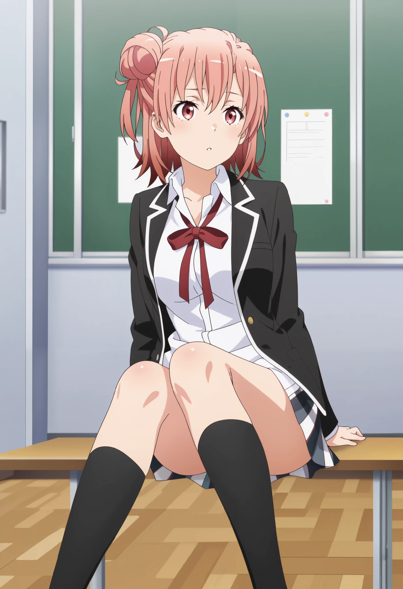 yuigahama_yui,pink hair,short hair,gradient hair,hair bun,pink eyes,single side bun,large breasts,
school uniform,black jacket,white shirt,skirt,red ribbon,black kneehighs,untucked_shirt,
