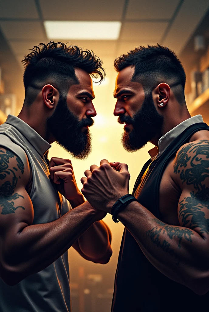 Two Korean hairy men with piercings and showing their well-shaped and ripped chests, well-toned, in front of the white lighting 