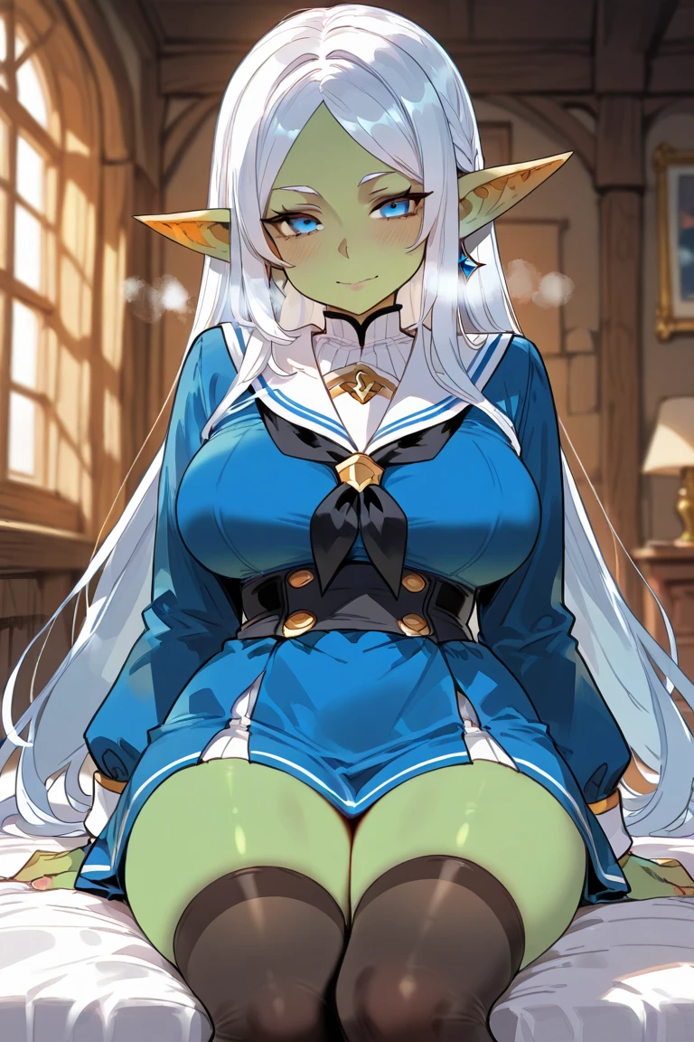 blue-skinned elf girl with big breasts