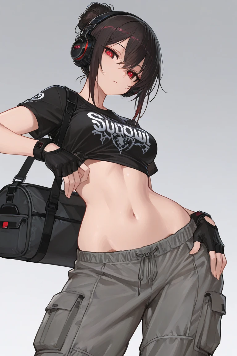 young girl, Long red hair, high ponytail, brown eye, Black sleeveless t-shirt, open belly, camouflage military pants, Katanas, Masterpiece, hiquality