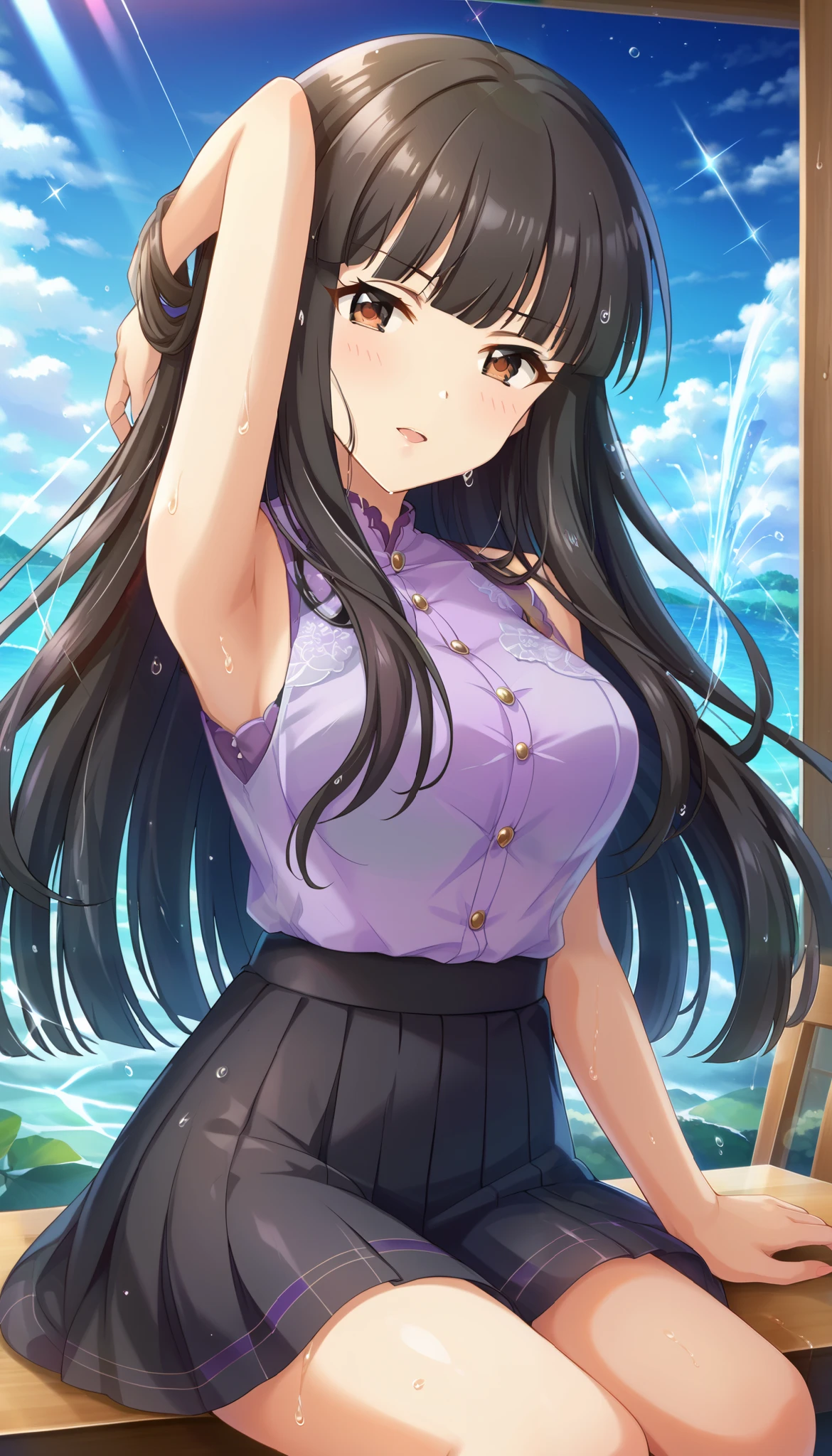 Kurokawa Chiaki 、light purple sleeveless shirt、black skirt、rain、wet body、arm up pose、sit on a chair、Slim and beautiful thighs、Outdoors、 orbital space、 is embarrassing、Close-up、 black hair、long hair、 Ulchan-6500-v1.1, ( RAW photos :1.2),  beautiful detailed , very detailedな目 美しい目, beautiful eyes、Brown Eyes 、 large file size, high resolution, very detailed, top quality, [masterpiece:1.6], Awareness-raising, very detailed, CG, finely, top quality, 8K wallpaper,  Perfect Body 、dynamic、very detailed