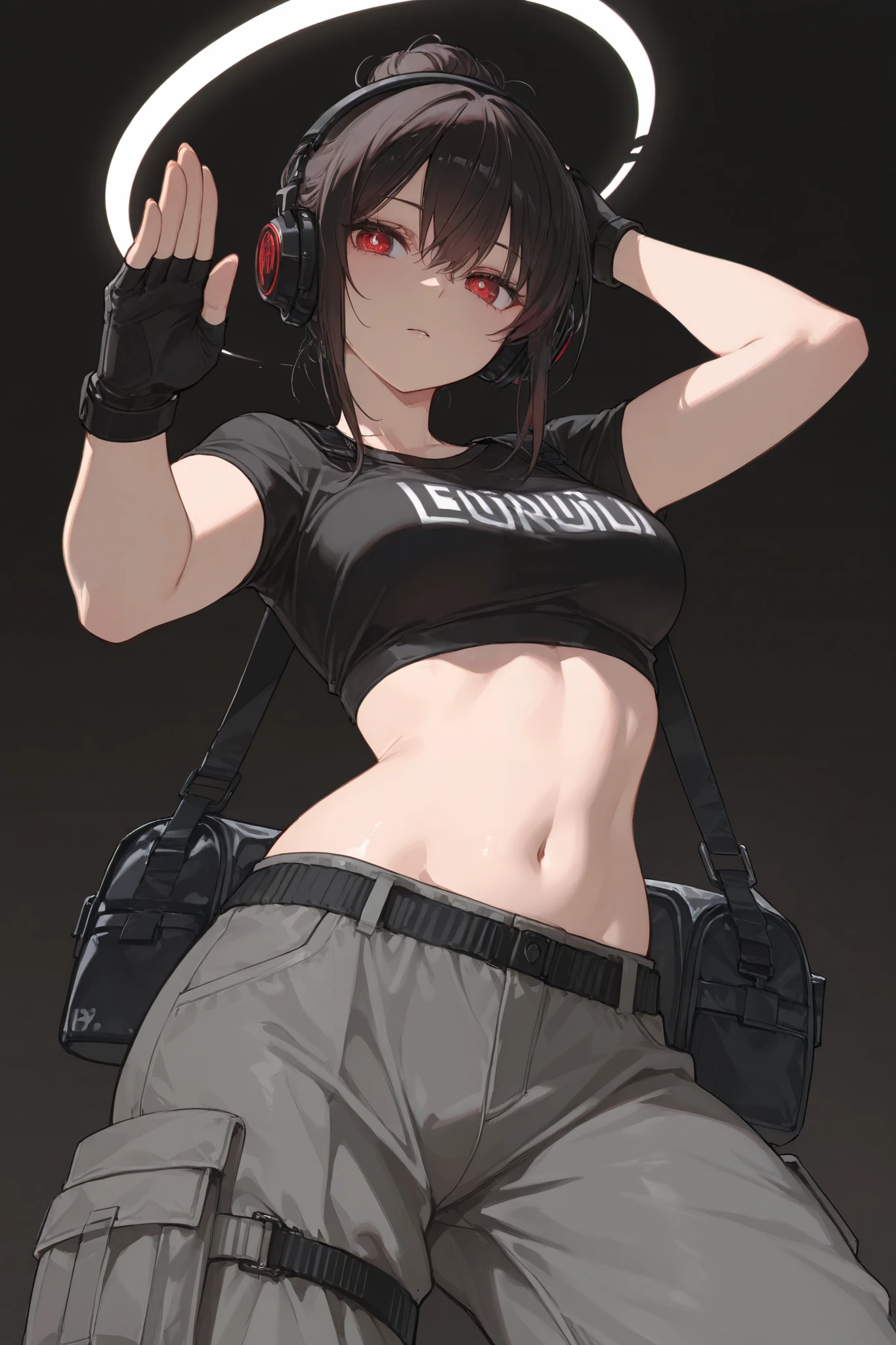 ((best quality)), ((masterpiece)), 1girl, dark hair, single hair bun, cute red eyes, elegant look, beatiful hands, detailed pupils, detailed eyes, curvy body, medium breast, perspective, black headphones, black crop tshirt, grey cargo trouser, black and white duffle sport bag, fingerless sport gloves, contrapposto pose, sexy