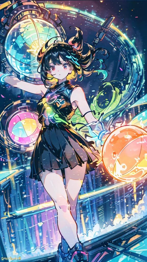 (masterpiece), (best quality), (official art, extremely detailed CG unity 8k wallpaper), (highly detailed), ((absurdres)), 1girl, mid shot, (exquisite facial features),(serafuku:1.3) ((sfw)),((clear hands)), ((white thighhighs without shoes)),aqua eyes, color contact lenses, stars in the eyes, (((colorful bubble))), colourful glass, (album cover)
