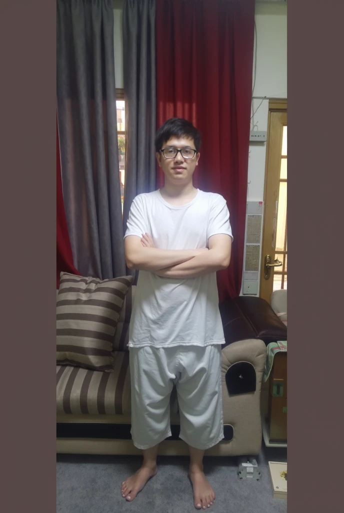 very short hair, whole body, Barefoot, hairy legs, muscular and toned legs, long legs, Wearing shorts, 27 years old, adult male, Japanese, black hair, black rimmed glasses, round face face
