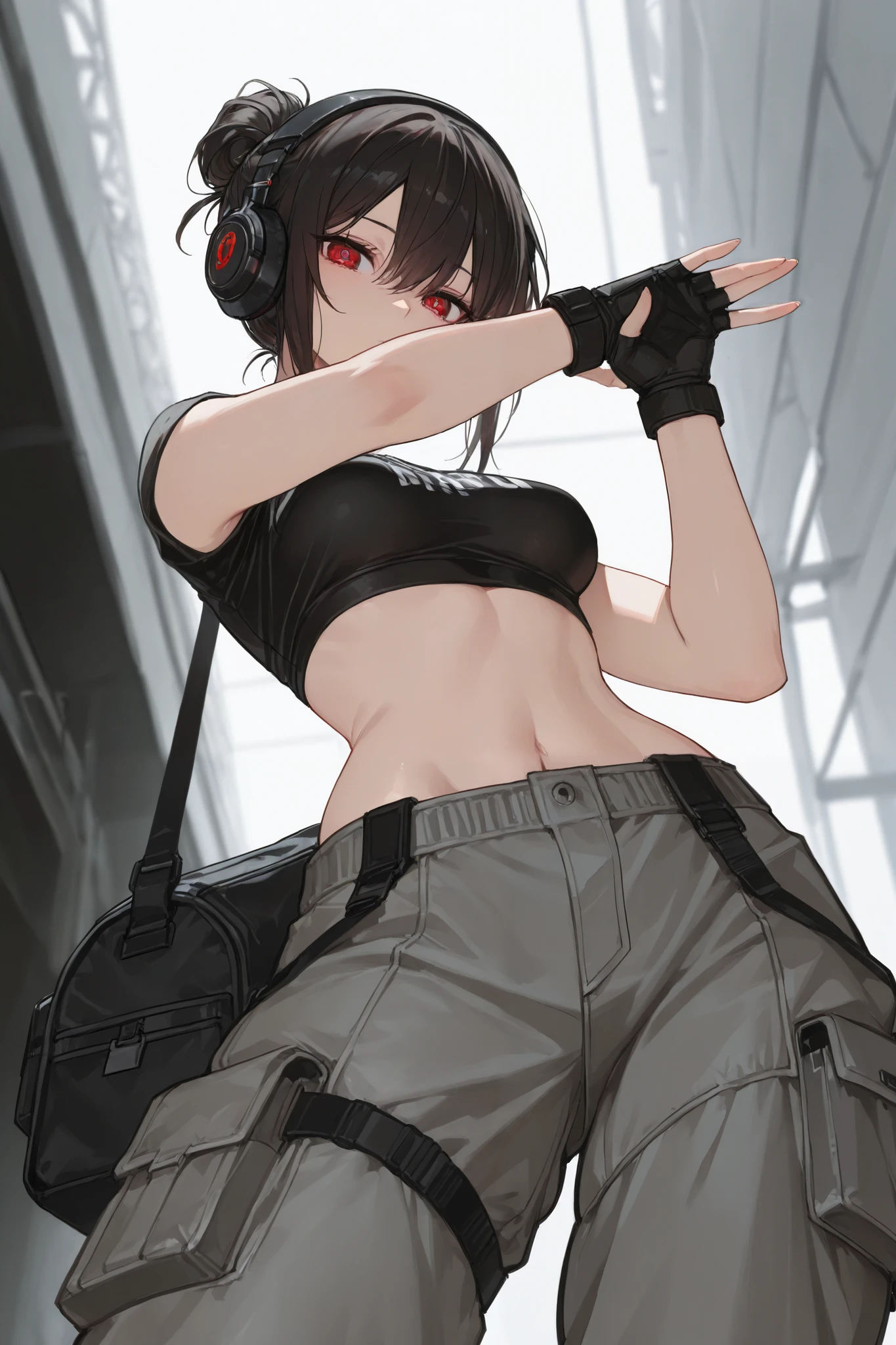 ((best quality)), ((masterpiece)), 1girl, dark hair, single hair bun, cute red eyes, elegant look, beatiful hands, detailed pupils, detailed eyes, curvy body, medium breast, perspective, black headphones, black crop tshirt, grey cargo trouser, black and white duffle sport bag, fingerless sport gloves, contrapposto pose, sexy