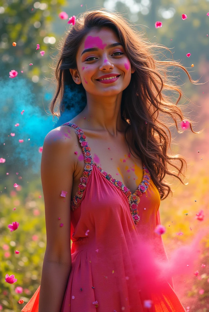 Adriana Morales is a beautiful young Spanish woman, beautiful rectangular face, she wears glasses, subtle make-up, soft skin, beautiful eyes, slick hair, medium breasts, (She floats through a pink fantasy world, A fantasy forest, with fantastic plants, trees and vines, lights dance around them, the clouds are like cotton candy, her dress is pink, she is barefoot, the plants and animals are pink, the fog is like pink candy floss, Fog and light create a magical atmosphere, she smiles, she has a happy and amazed face), taken from bottom left, (best quality:1.4), (ultra highres:1.2), (photorealestic:1.4), (8k, RAW-Foto:1.2), Vivid colors