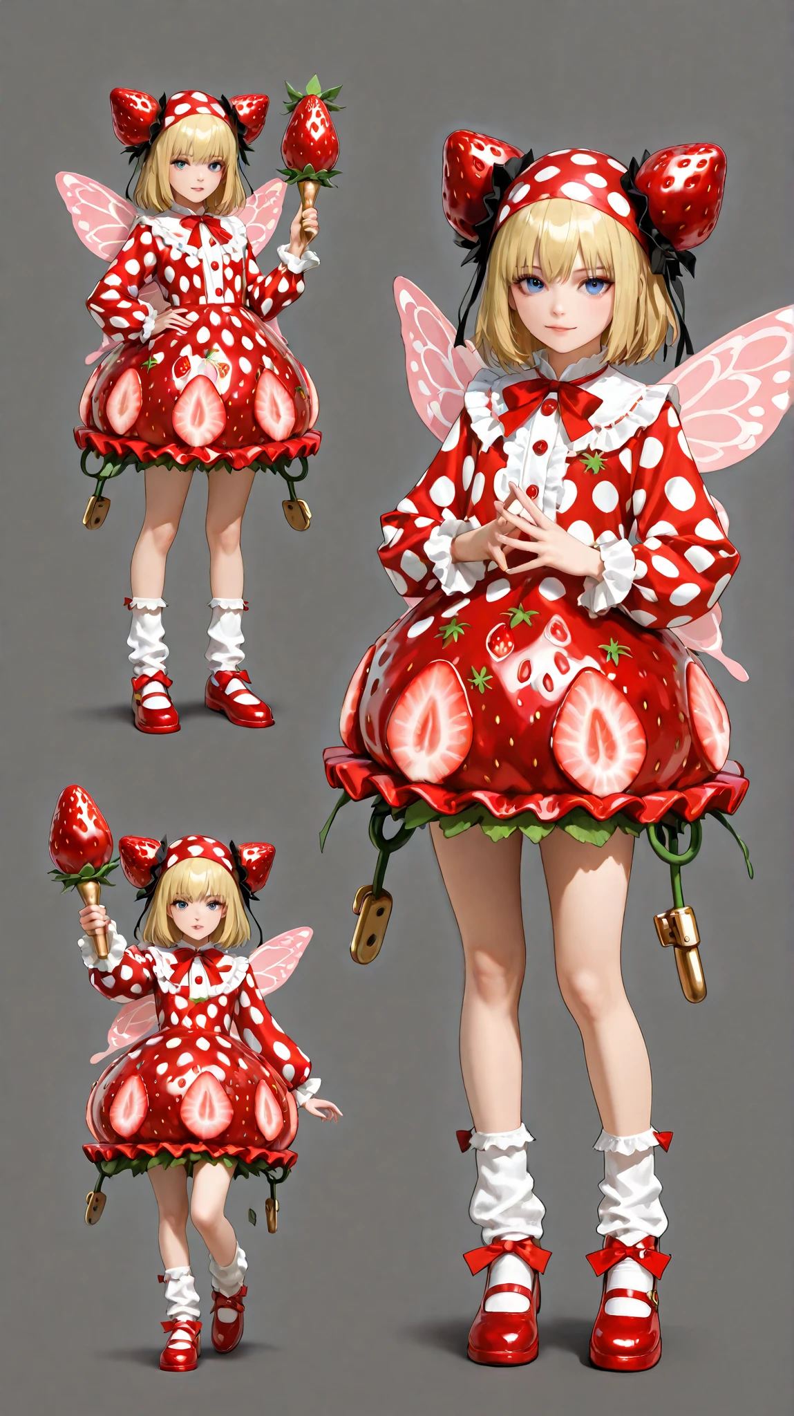 ( masterpiece,top quality,great quality,so beautiful, is ridiculous,高resolution, latest:1), masterpiece,top quality,great quality,resolution,Ultra Details,(solo focus:1.2),(Photorealistic:1.38),[fashion illustration style],4K,perfect anatomy,(detailed full body photo 1.27),(Strawberry fairy wearing a strawberry costume of one person),3.15cm,Age ？,Strawberry Setup Outfit Made with Lots of Strawberries,white ruffled short socks,Wings made from condensed milk,Ichigo no Katyusha,strawberry shaped chignon cap,Ichigo Tyrolean Shoes,I have two strawberry maracas,Maracas handle with a fruit pattern, black,The bangs are slightly long ,Two-block bobbed cut,Strawberry fields with mountain views,gentle sun,raise both hands,Cheerful dance,Cumulonimbus,Will the weather be good today,